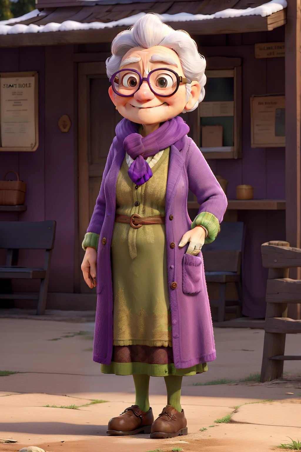 masterpiece, best quality, an old woman with glasses and a scarf on, wearing a purple coat and green scarf, standing at the park