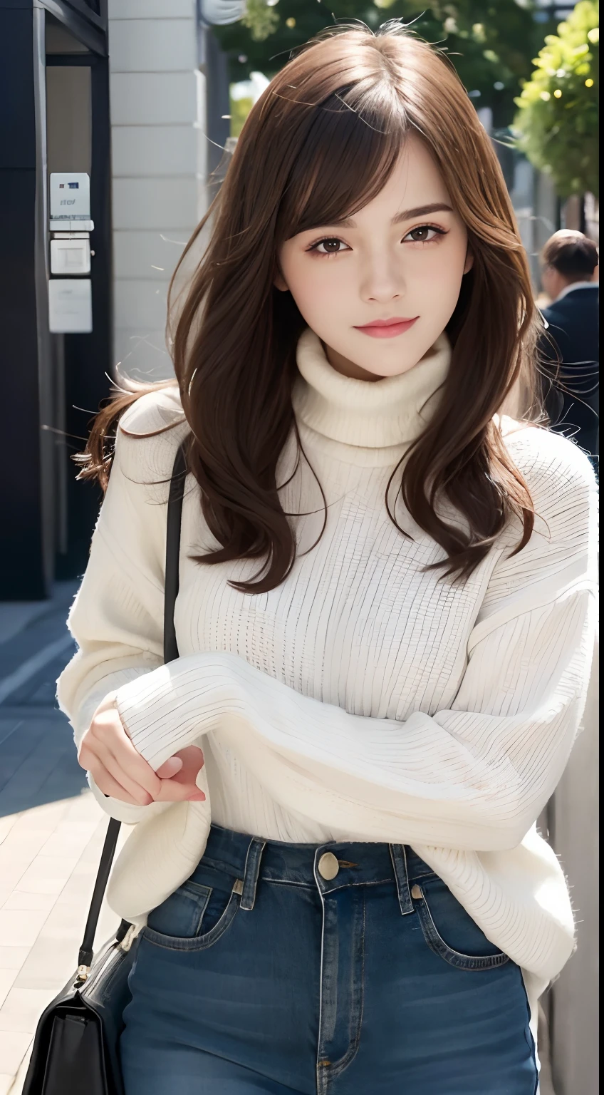 (A hyper-realistic), (hight resolution), (8K), (ighly detailed),  (beatiful detailed eyes), (top-quality), (ultra-detailliert), (​masterpiece), (Detailed face), A Japanese Lady、softfocus、without background、Beautiful adult Japan woman、Solo、Extremely beautiful face、Detailed depictions of eyes and hair、In a fluffy short bob、With dark hair、With an angle that looks like it was taken by a professional photographer、In the daytime with proper lighting、On Emma Watson's face、White turtleneck sweater、Oversized Black Down Jacket、In skinny jeans、Fashionable clothes、Posing like a model、looking at me、With a cute smile on her face、