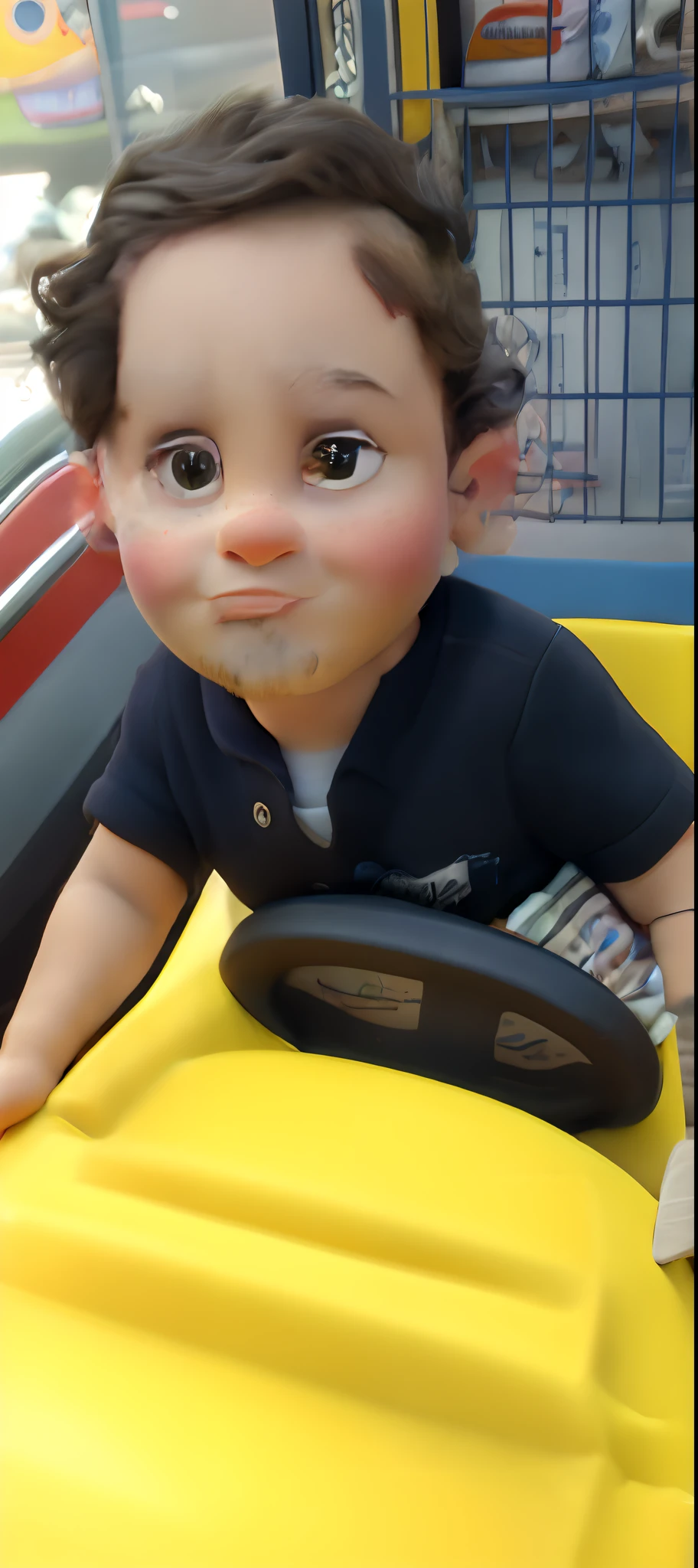 There's a baby sitting in a toy car in a store, taken with the best dlsr camera, curious expression, dirigindo em um pequeno carro de brinquedo, Looking at camera!!!, taken with a canon dslr camera, intense expression, na pista de corrida, taken with sony a7r camera, Tomado com Sony Alpha 9, !! looking at the camera!!, Innocent face: Create a Pixar-style scenario using the face of the baby in the stroller with the caption Theo's Adventures