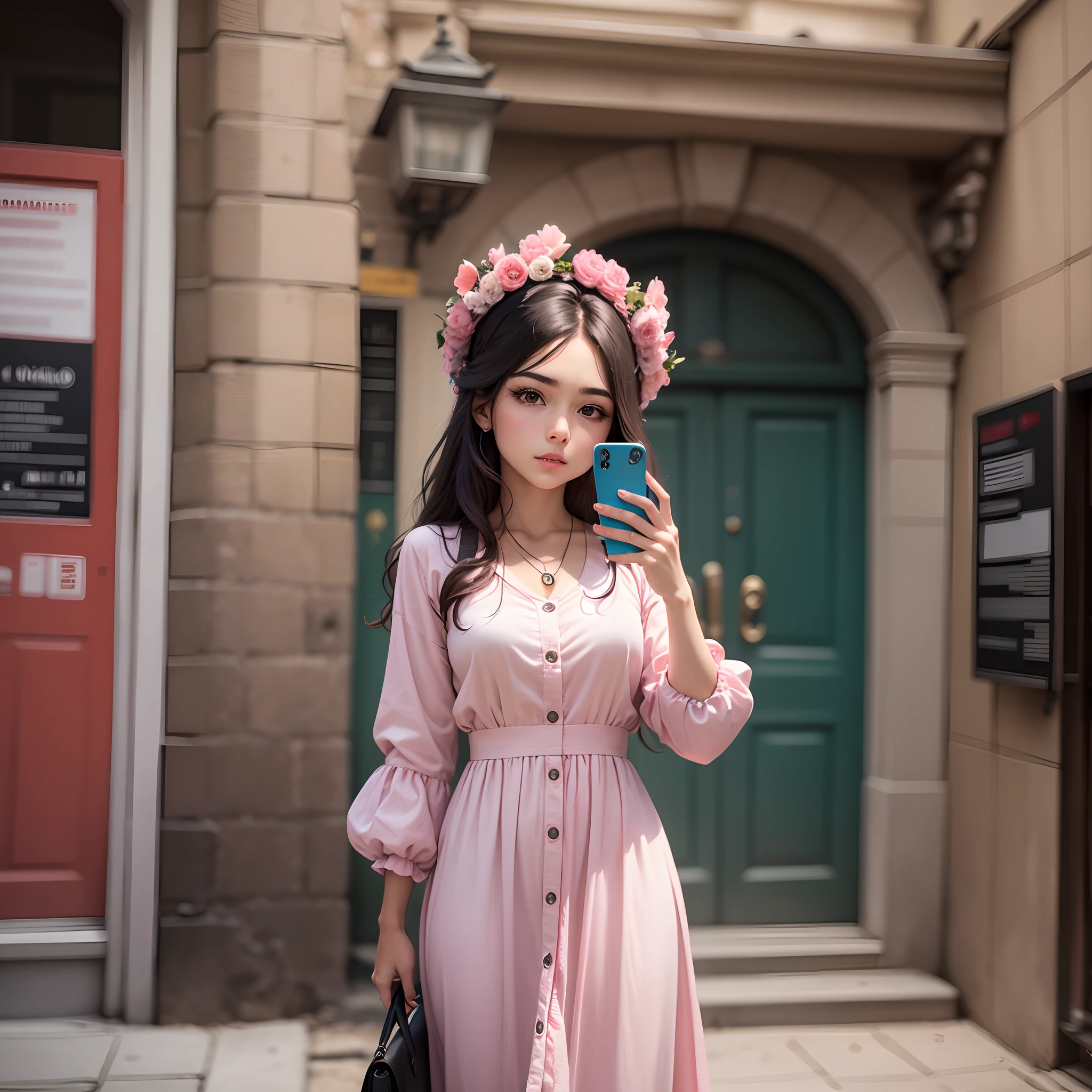 A imagem mostra uma mulher pele clara, cabelos pretos , Average , parada em frente a um espelho, tirando uma selfie com o celular. She's wearing a long pink dress , with buttons ,and seems to be capturing your outfit or appearance. O espelho reflete a imagem da mulher, mostrando-a segurando o celular e captando o momento --auto --s2