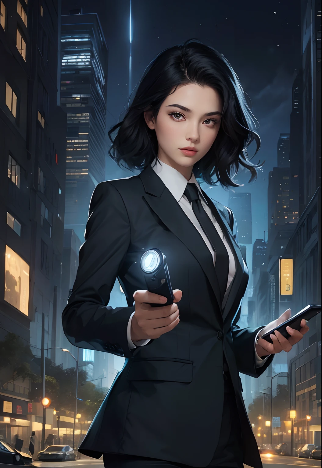 Beautiful woman. Detailed drawing of the face. A masterpiece. Black hair. He is wearing a black business suit. In one hand, he holds a device that resembles a flashlight. She is standing in the middle of the city at night. An uninhabited city.