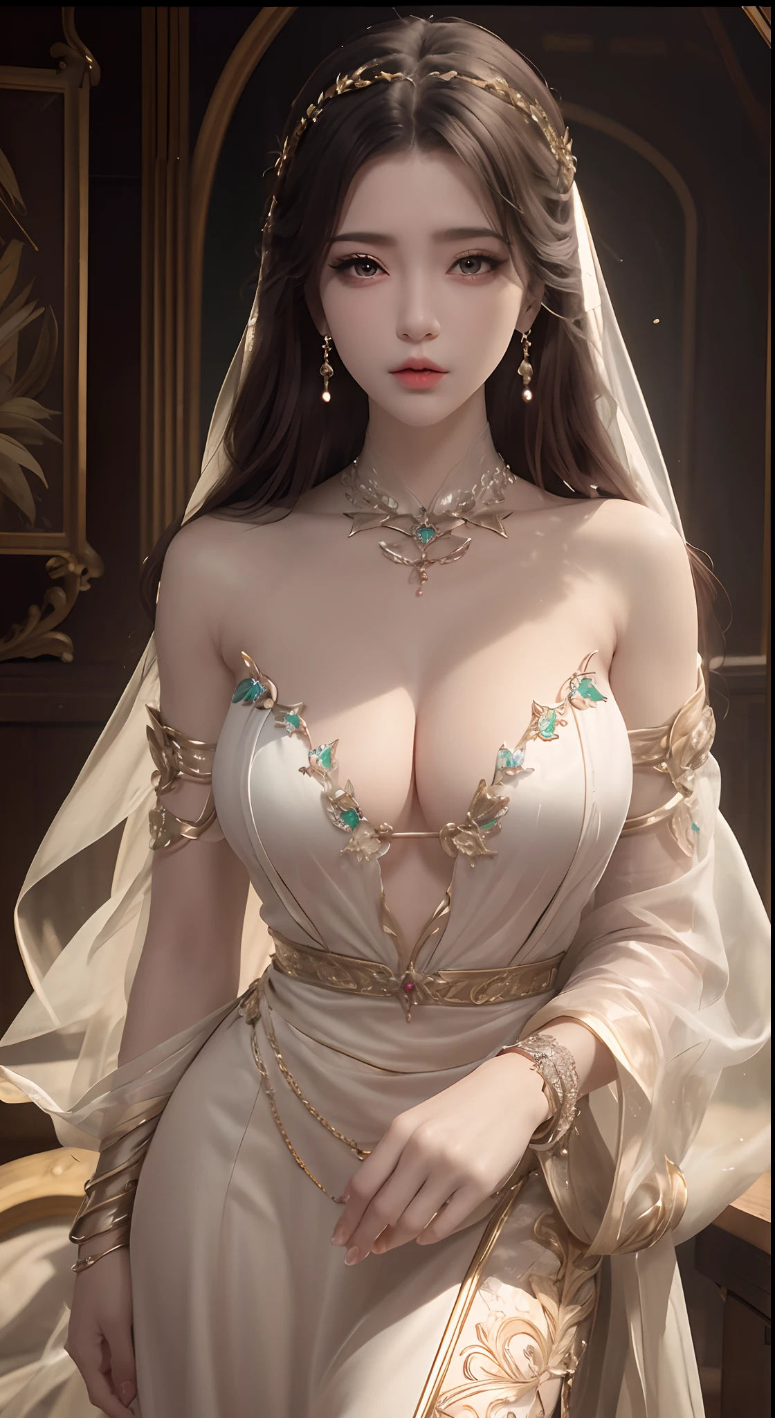 Portrait of a 20-year-old young saint, A saint with a beautiful super cute face,Wear a very slim and sexy Oday, Beautiful cute face, There was a deep gap in Ao Dai's chest,The black and white lace trim is charming, Beautiful face without blemishes, Lovely smile, ((7 color hair length:1.2)), The Great Crown, Hair brooch, Hanfu dress, Chinese ancient style, Full body accessories, Tattoo on the forehead, The saint's breasts are round and full, Breast augmentation, Innocent face, The most beautiful、The most delicate light red lipstick, ((Thin and plump lips:0.3)), Delicate pink and white eyes (White and details) Cinematic, light and dark, Dramatic lighting, Magical light, Extremely detailed light, True color, Super sharp, Realistic, 8K quality, Fantasy universe background, Saints and magical spaces, The most detailed image, Solo, saintess, ((Look directly at the upper body of the saint:0.4)), ((Smooth skin:0.5)), ((universe background:1.2)),