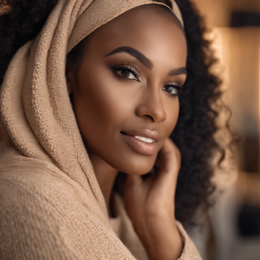Beautiful black woman wearing a light beige sweater (Nail care in a modern beauty salon), Very detailed, 37 anos, Rosto inocente, cabelos cacheado com textura afro naturais, olhos castanhos, high resolution, master part, melhor qualidade, detalhes intrincados, altamente detalhado, Crisp Focus, pele detalhada, textura de pele realista, textura, olhos detalhados, profissional, 4k, sorriso encantador, filmado na Canon, 85 millimeters, profundidade de campo rasa, Cor Kodak Vision, corpo de ajuste perfeito, extremamente detalhado, fotografia_\(Ultra\), photoreallistic, Realista, Post-processing, maximum details, rugosidade, vida real, Ultra realista, fotorrealismo, fotografia, 8k UHD, fotografia, trabalho, s office. imagem de corpo inteiro