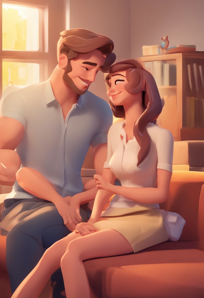 An illustration of an adorable couple, destacando um homem e uma mulher com bonito, Expressive eyes – the man's skin is black and the man's hair is bald and black, while the woman's skin is black and the woman's hair is curly and brown. They are a bright room, cada um com um sorriso no rosto, e compartilhar um momento especial caracterizado pelo amor, arroz, e insights educacionais. Illustrate this scene from a perspective where they are facing away from the camera, Showing Your Connection. Desenvolva esta arte em Full HD, Focus on your cinematic touch, Estilo Disney Pixar Animations