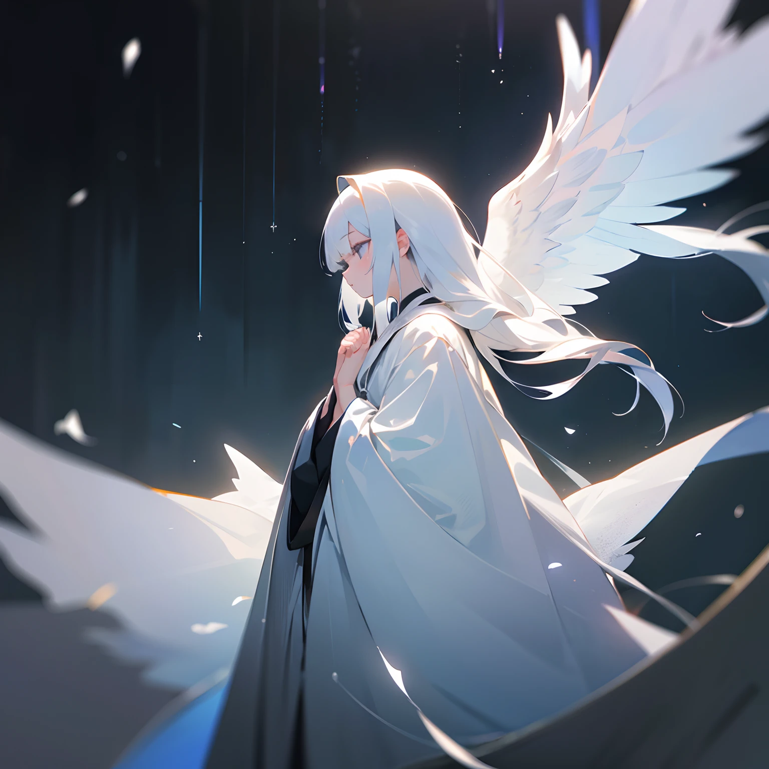 (masterpiece、top-quality)、Standing in a dark place、1 angel girl with long white hair、Put your hands under your chin、Praying、dark ilumination、robe blanche、blurred foreground、angelicales、Looking up、profile、from side