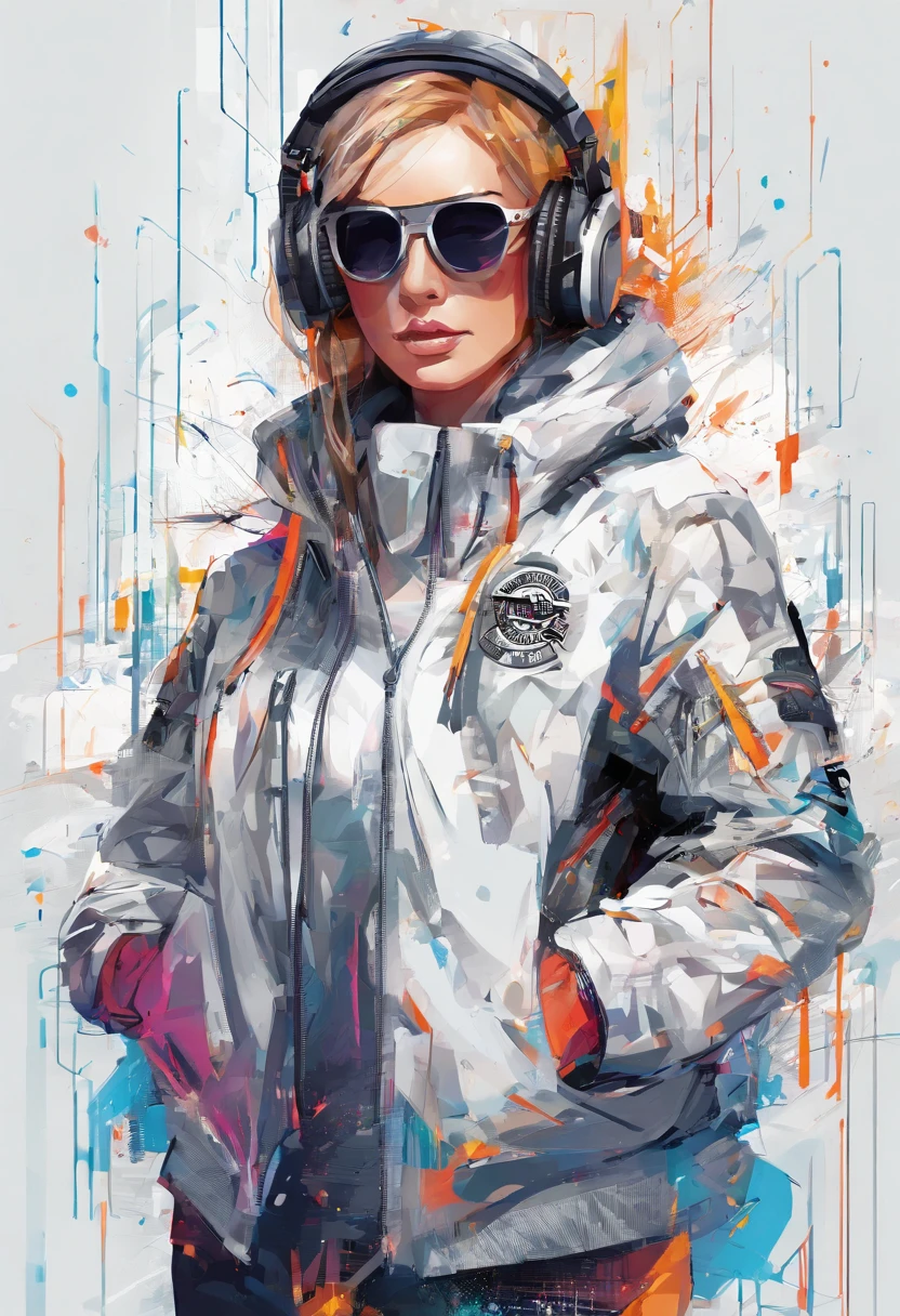 Perfect centering, Cute little Labrador, Wear a student team jacket,Uploaded in Harley-Davidson, wears sunglasses, Use headphones, cheerfulness, stand posture, abstract beauty, centre, Looking at the camera, in front of camera, nearing perfection, Dynamic, highly  detailed, lisses, foco nítido, 8K, high definition resolution, illustratio, art by Carne Griffiths and Wadim Kashin, white backgrounid