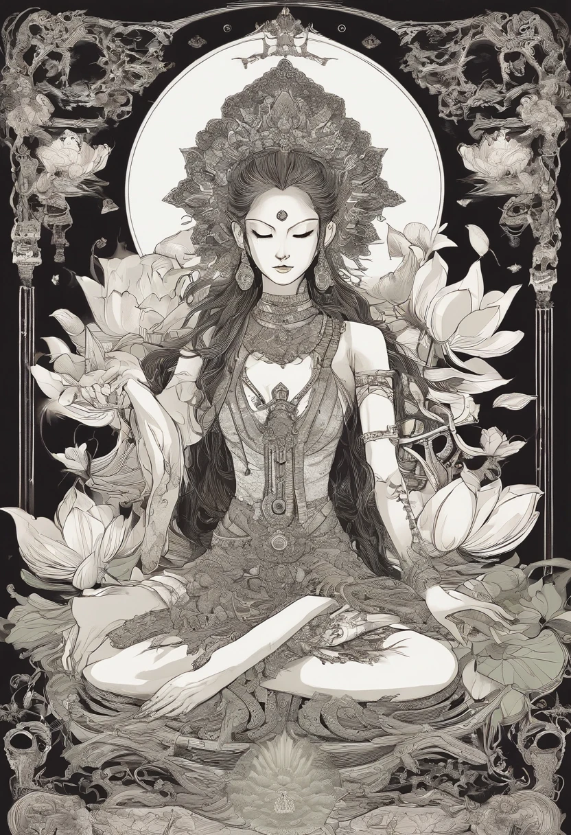 (1 Evil、Strange Bodhisattva), (Beautiful female,ssmile, big breasts beautiful,Close your eyes, Super detailed face), (A crown made of white bone:1.2), (beautiful countenance、Dress coolly:1.2), (Sit on the white bone lotus platform,by white bones、A lotus platform composed of skeletons and corpses:1.6), (uncanny,Ghastly,Terrible temperament:1.5), (Sit cross-kneeled:1.5), (Dark and eerie,Shades of horror,Use creepy lighting:1),(Has six arms,Holding human heads and evil weapons:1.3),(Realistic picture,Complete body:1.4)