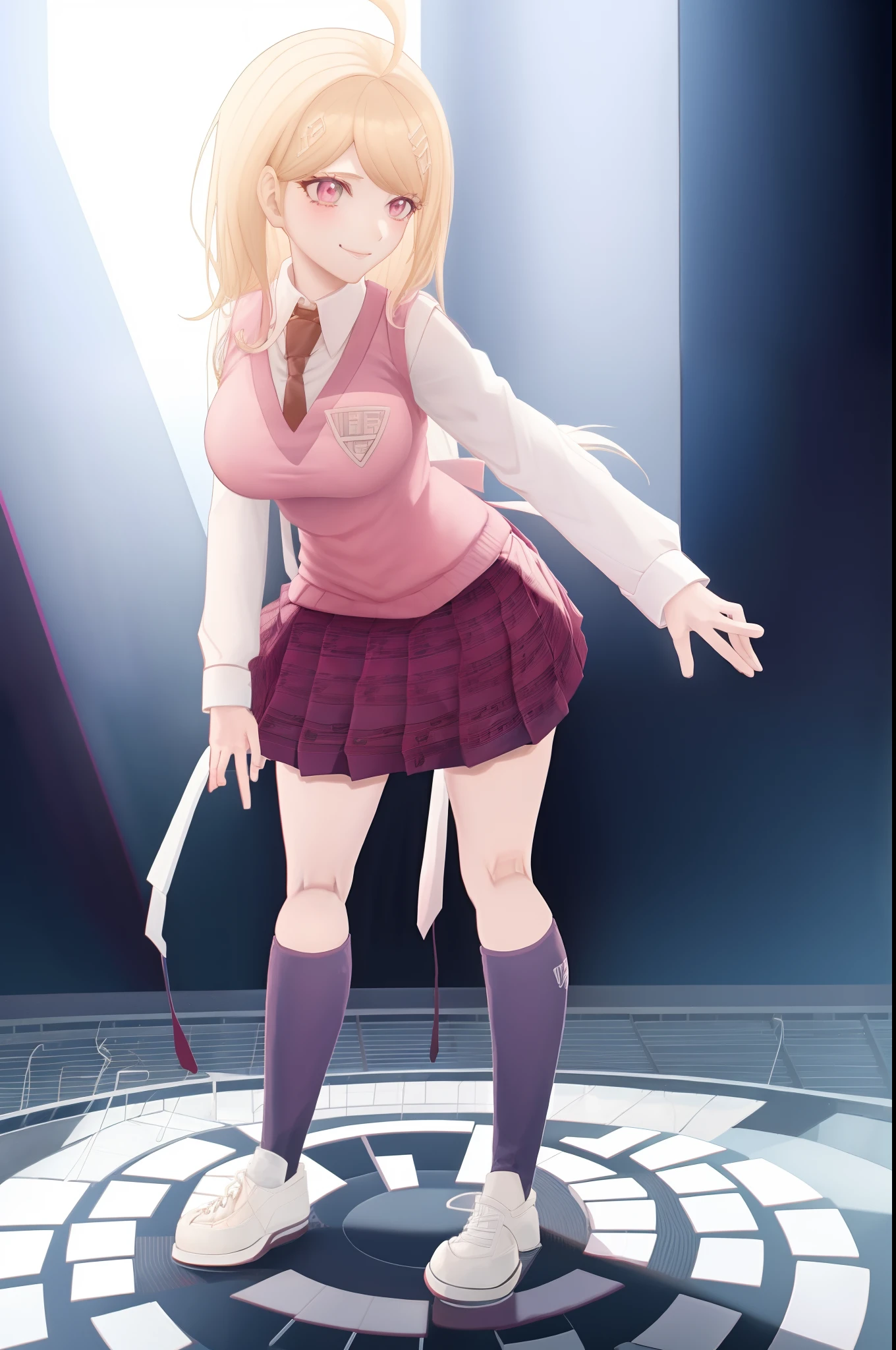 Girl hand, Masterpiece, Best Quality, KaedeDG, (1girl:1.4), necktie, sweater vest, breasts, shirt, long sleeves, solo, beamed eighth notes, white shirt, collared shirt, medium breasts, school uniform, (wind lift:0.8), (panties:0.8), (pretty butt:0.8), smile, solo, (from behind:1.4), (from below:0.8), (Full body:1.5)