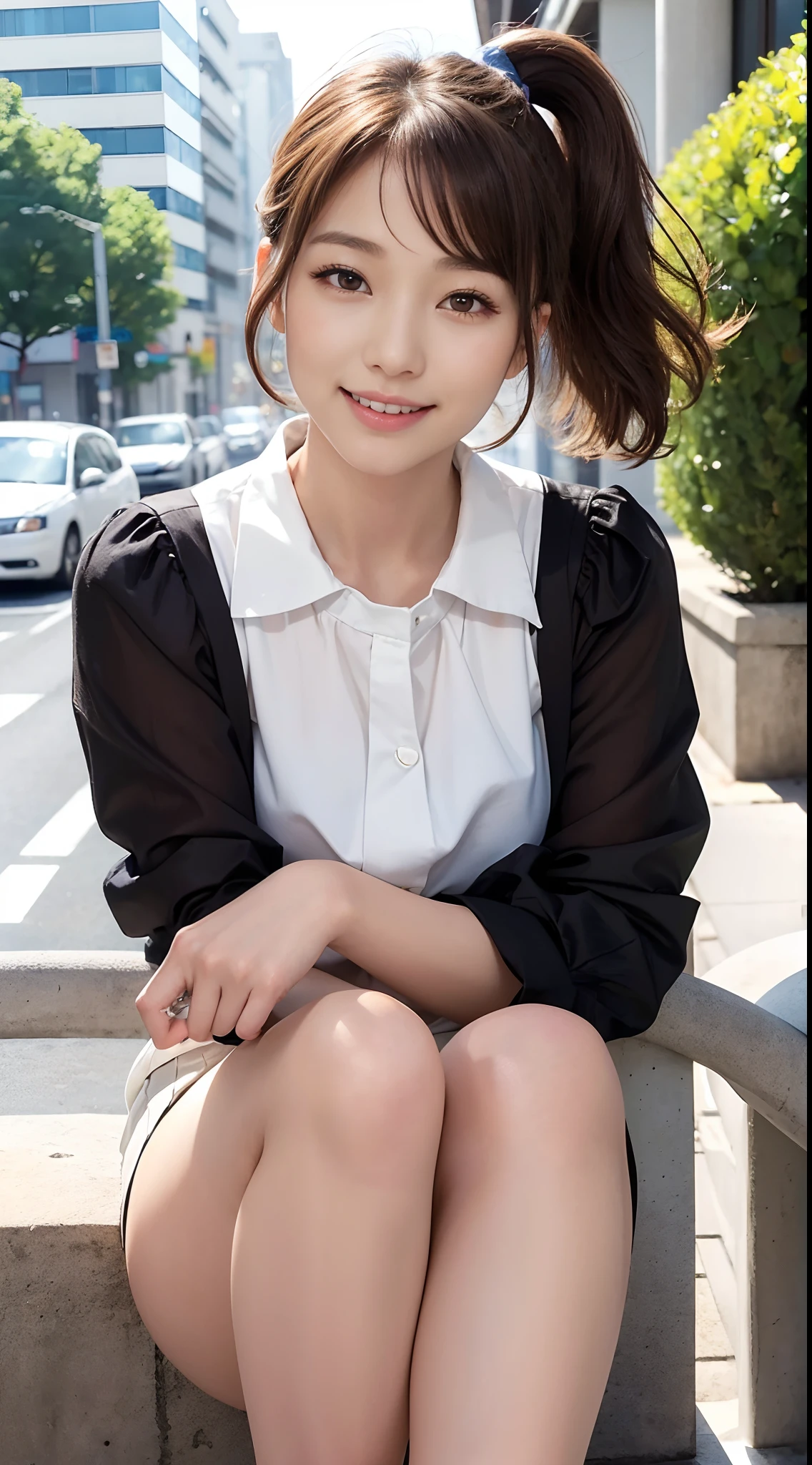 (Very cute 23 year old young woman from Japan), ((Brown delicate hair)), ((Short-cut hair in a ponytail)), (((Clean hands))),(Curly hair),(((Very sweet smile))),(((I'm wearing a white business shirt))),(((Black tight skirt))), (((businesswoman))) ((of the highest quality, 16 K, masutepiece: 1.3)), Light on Face, hyperdetailed face, very detailed lips, Detailed eyes, City Street