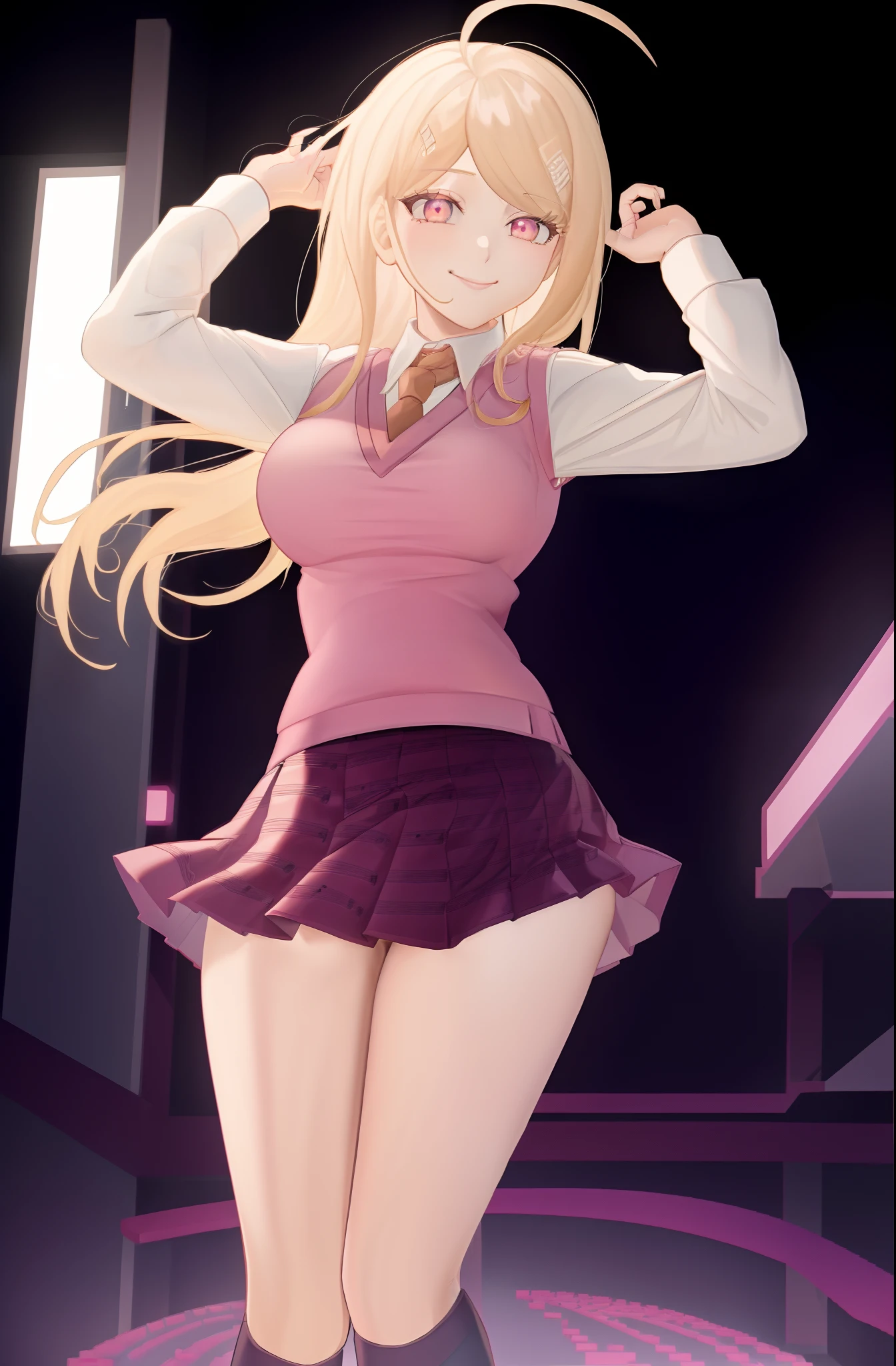 Girl hand, Masterpiece, Best Quality, KaedeDG, (1girl:1.4), necktie, sweater vest, breasts, shirt, long sleeves, solo, beamed eighth notes, white shirt, collared shirt, medium breasts, school uniform, (wind lift:0.8), (panties:0.8), (pretty butt:0.8), smile, solo, (from behind:1.5), (from below:0.8), (Full body:1.5)