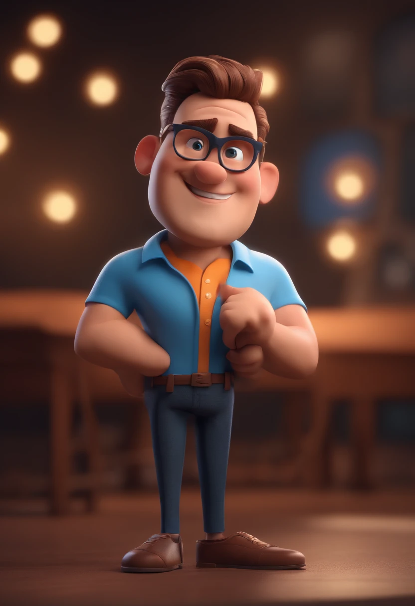 Cartoon character of a man with black glasses and a blue shirt, animation character, Caractere estilizado, animation style rendering, 3D estilizado, Arnold Maya render, 3 d render stylized, toon render keyshot, Personagem 3D, Personagem 3D, 3d rendering stylized, 3 d character render, personagem de desenho animado, Personagem de close up, Pose de personagem, (Estilo Pixar) (master part:1.2) (Bokeh) (best quality) (pele detalhada) (textura detalhada) (8k) (argila) (Cinematic lighting) (foco nítido