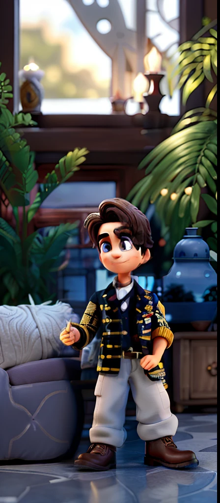 Um homem vestindo um terno como o do Jack skellington, veste uma capa de bruxo prata, Next to it is a small round table with a golden candlestick and in the background a window, cortinas cor de vinho, poses while looking at the camera sideways, cabelos pretos, rosto sem barba, rosto magro, In his hand a dark Zul umbrella, The sky that appears in the window is dark and starry