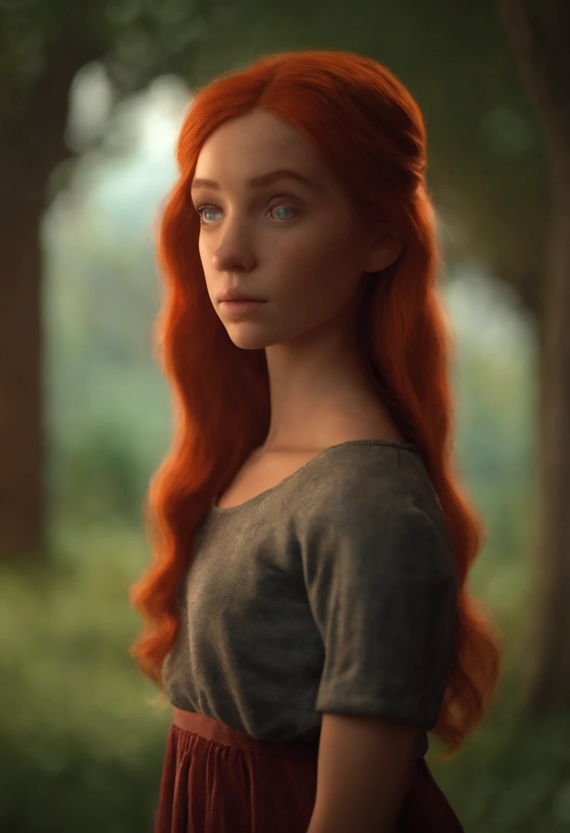 A lonely girl, in the lower body, inspired by the animation of Gravity Falls, beautiful red hair,