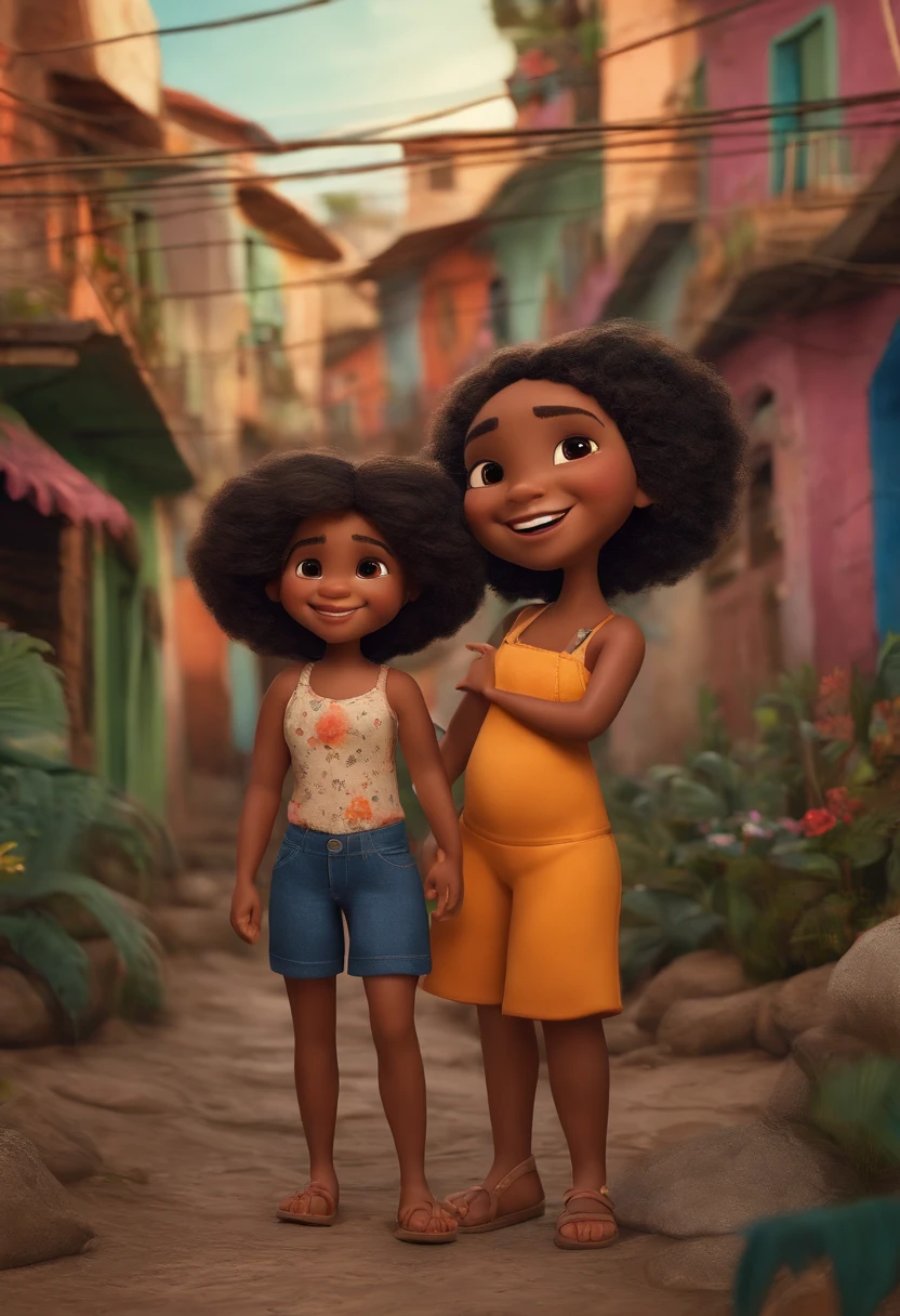 Image of a couple for a story in a YouTube video in Pixar format, They're from the favela,  They are extroverted, Playful and gets up for a lot of things, cabelo preto crespo grande, cabelo do menino preso e crespo, cabelo da menina solto crespo pele morena, Ao fundo a favela