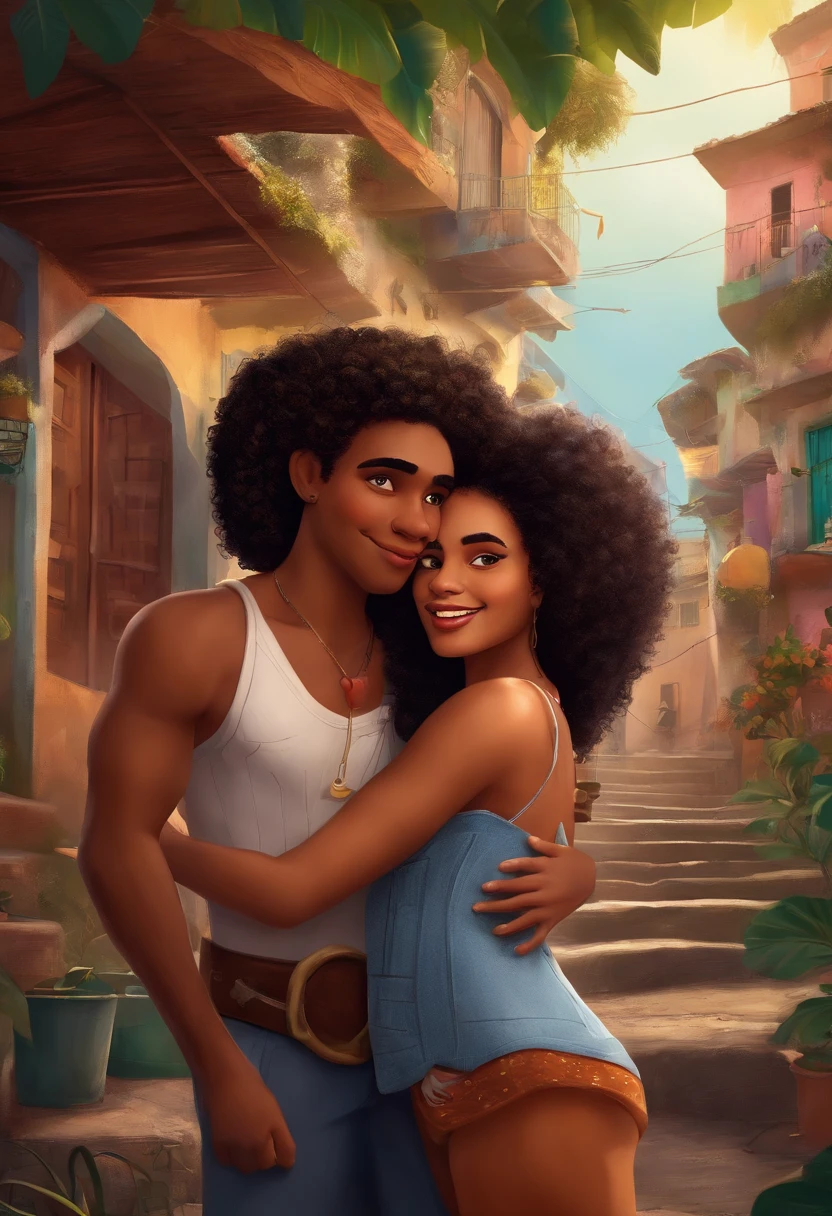 Image of a couple for a story in a YouTube video in Pixar format, They're from the favela, They are extroverted, Playful and gets up for a lot of things, cabelo preto crespo grande, cabelo do menino preso e crespo, cabelo da menina solto crespo pele morena, Ao fundo a favela