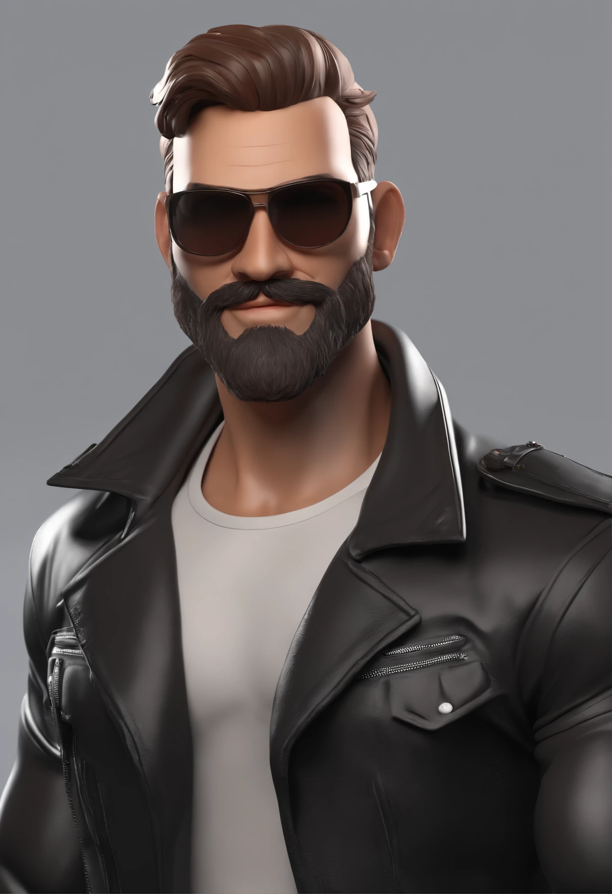 Personagem de desenho animado de um homem com colete preto de moto clube, cabelo liso maquina zero nas laterais, With beard and old school tattoo on his arm, animation character, Caractere estilizado, animation style rendering, 3D estilizado, Arnold Maya render, 3 d render stylized, toon render keyshot, Personagem 3D, Personagem 3D, 3d rendering stylized, 3 d character render, personagem de desenho animado, Personagem de close up, Pose de personagem,  (Estilo Pixar) (master part:1.2) (Bokeh) (best quality) (pele detalhada) (textura detalhada) (8k) (argila) (Cinematic lighting) (foco nítido