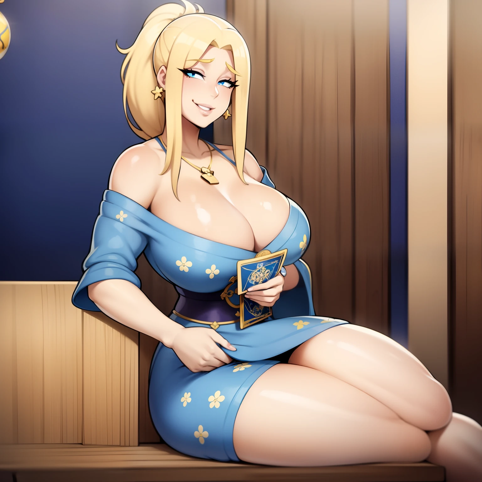 (((Solo))) Girl with light blonde hair in a ponytail with bangs, smiling, facing camera, blue eyes, large chest, wearing blue kimono with floral patterns, cleavage, sitting at a wooden table, beautiful eyes, detailed hands, full lips, best quality, (fortune teller), wearing golden earrings, wearing a golden necklace, holding an orb, tarot cards, stars, horizon