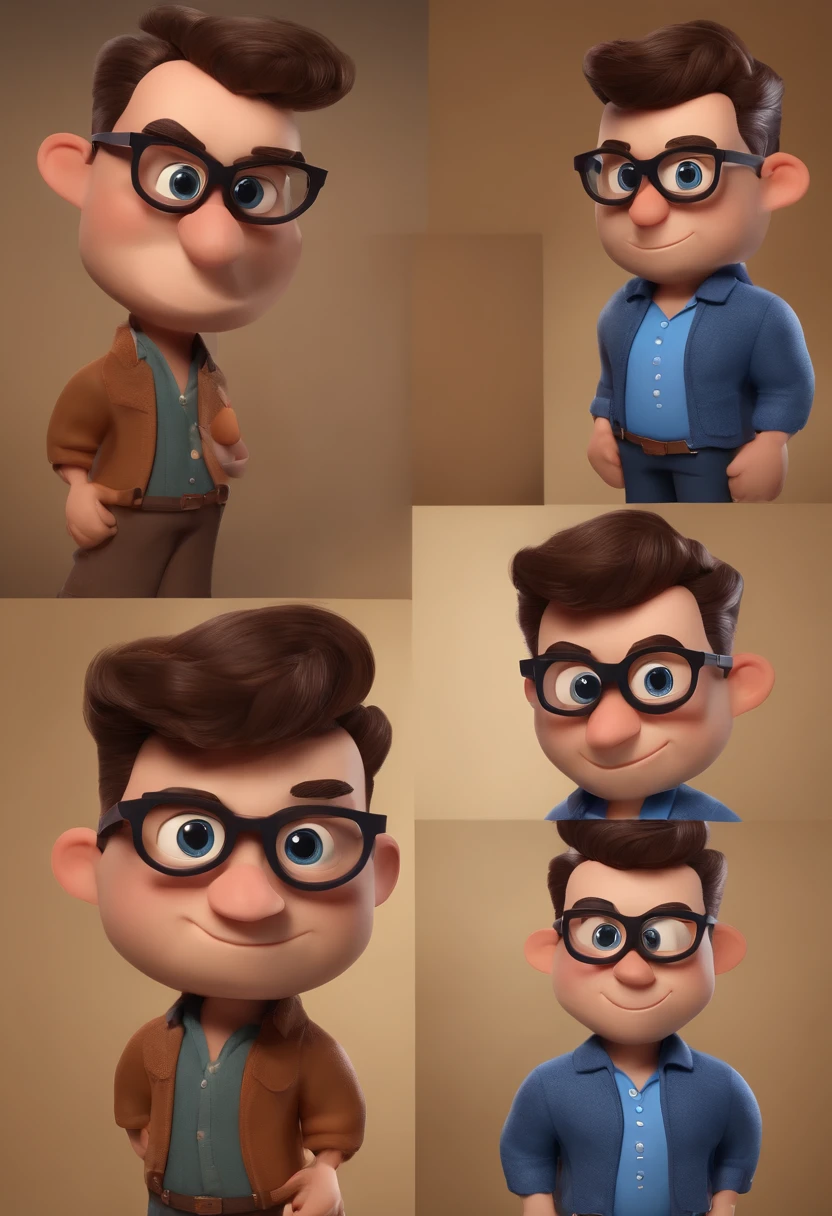 Cartoon character of a man with black glasses, cabelo cacheado marrom escuro e uma camisa azul, animation character, Caractere estilizado, animation style rendering, 3D estilizado, Arnold Maya render, 3 d render stylized, toon render keyshot, Personagem 3D, Personagem 3D, 3d rendering stylized, 3 d character render, personagem de desenho animado, Personagem de close up, Pose de personagem, (Estilo Pixar) (master part:1.2) (Bokeh) (best quality) (pele detalhada) (textura detalhada) (8k) (argila) (Cinematic lighting) (foco nítido
