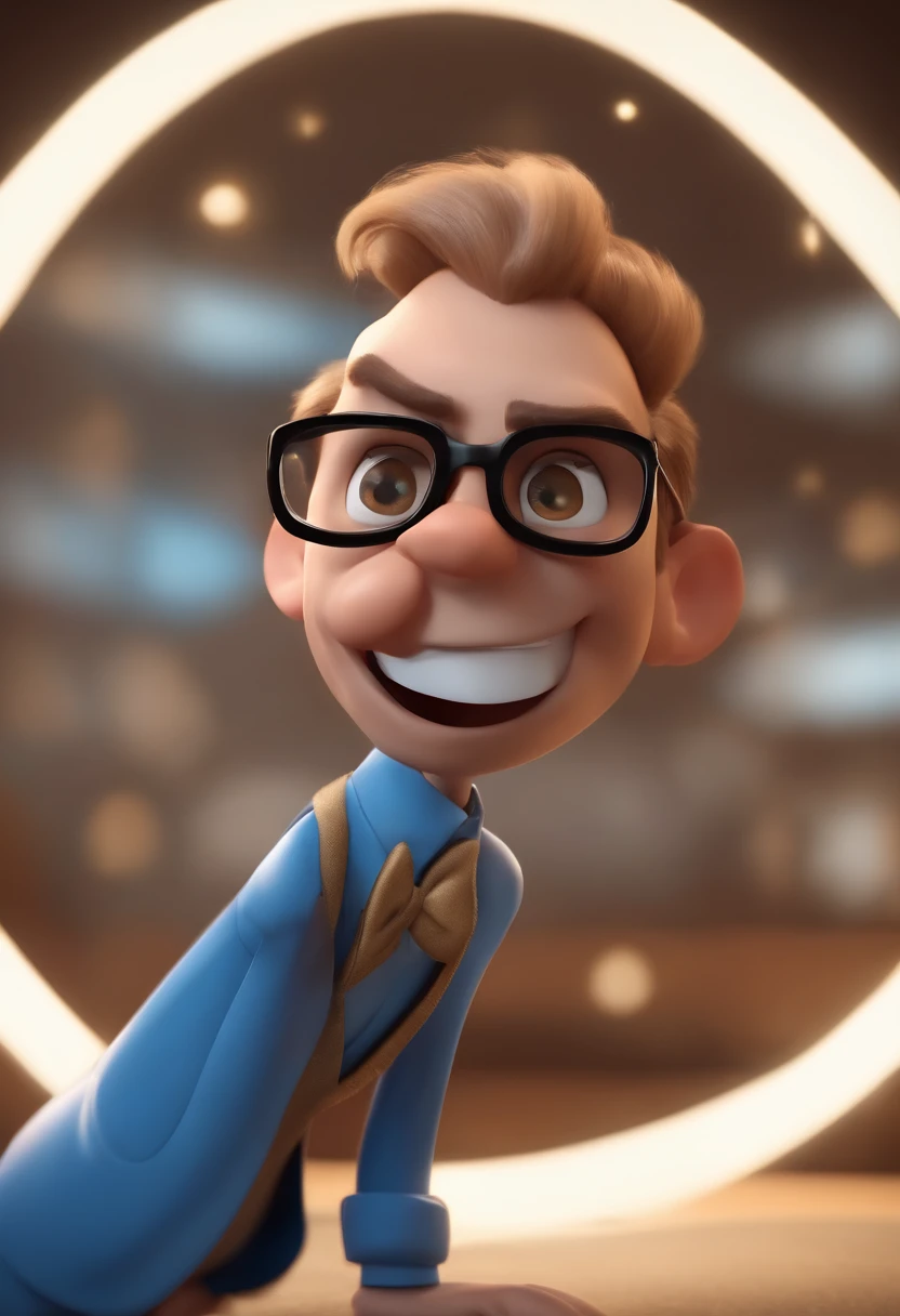 Cartoon character of a man with black glasses, cabelo cacheado marrom escuro e uma camisa azul, animation character, Caractere estilizado, animation style rendering, 3D estilizado, Arnold Maya render, 3 d render stylized, toon render keyshot, Personagem 3D, Personagem 3D, 3d rendering stylized, 3 d character render, personagem de desenho animado, Personagem de close up, Pose de personagem, (Estilo Pixar) (master part:1.2) (Bokeh) (best quality) (pele detalhada) (textura detalhada) (8k) (argila) (Cinematic lighting) (foco nítido