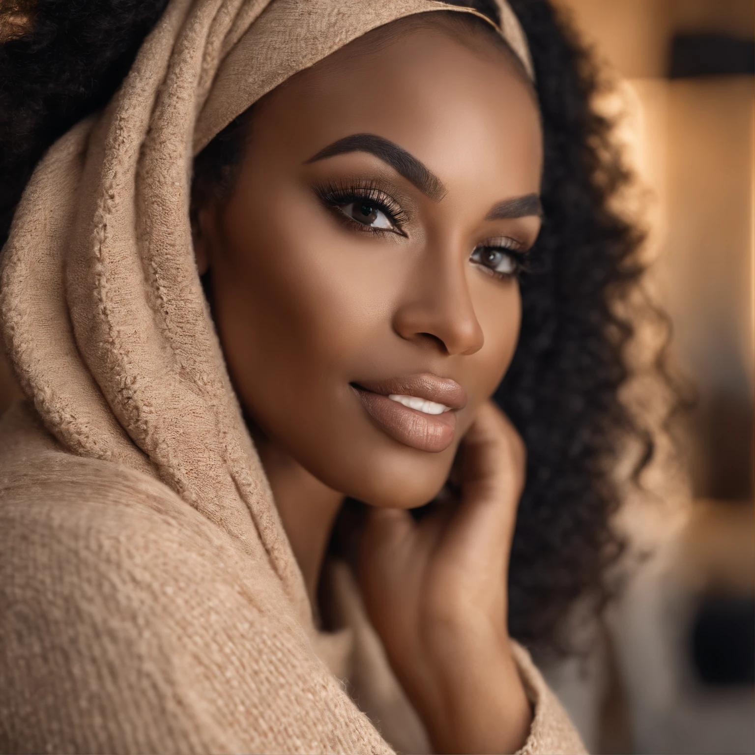 Beautiful black woman wearing a light beige sweater (Nail care in a modern beauty salon), Very detailed, 37 anos, Rosto inocente, cabelos cacheado com textura afro naturais, olhos castanhos, high resolution, master part, melhor qualidade, detalhes intrincados, altamente detalhado, Crisp Focus, pele detalhada, textura de pele realista, textura, olhos detalhados, profissional, 4k, sorriso encantador, filmado na Canon, 85 millimeters, profundidade de campo rasa, Cor Kodak Vision, corpo de ajuste perfeito, extremamente detalhado, fotografia_\(Ultra\), photoreallistic, Realista, Post-processing, maximum details, rugosidade, vida real, Ultra realista, fotorrealismo, fotografia, 8k UHD, fotografia, trabalho, s office. imagem de corpo inteiro