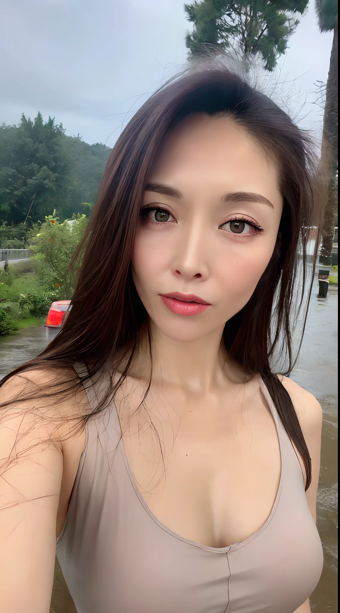 Beautiful handsome woman, ((top quality, 8k, masterpiece:1.3)), pretty woman, 1 woman, huge breasts:1.3, slender figure:1.1, elastic dark brown hair, (shower, wet body, wet clothes:1.1), very detailed face, detailed lips, detailed eyes, double eyelids