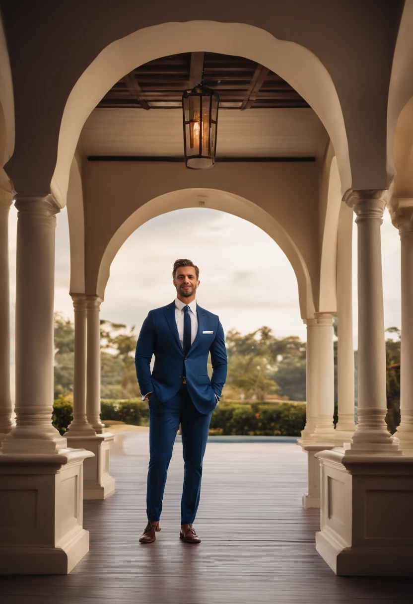There's a man standing in front of a gazebo with a blue tie, imagem profissional, na frente do fundo branco, fazendo uma pose elegante, Jorge Pemba, amazing professional picture, imagem de perfil, Fundo de primeiro plano, suave em _ O pano de fundo, taken in the early 2020s, background is celestial, Foto profissional detalhada, homem bonito
