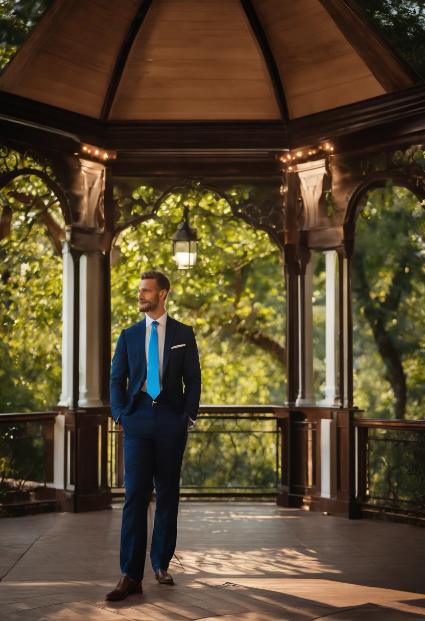 There's a man standing in front of a gazebo with a blue tie, imagem profissional, na frente do fundo branco, fazendo uma pose elegante, Jorge Pemba, amazing professional picture, imagem de perfil, Fundo de primeiro plano, suave em _ O pano de fundo, taken in the early 2020s, background is celestial, Foto profissional detalhada, homem bonito