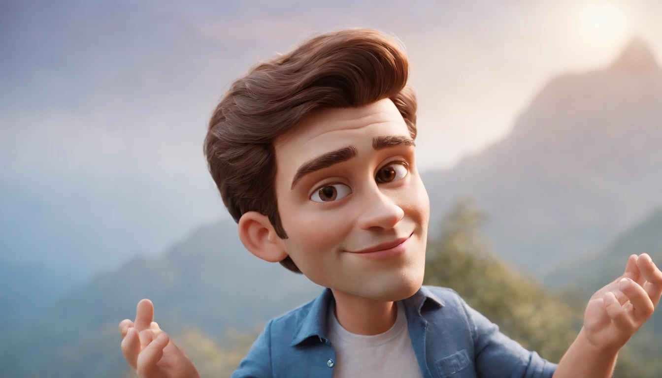 Homem, estilo disney, tom de pele: claro: Cabelo: castanho escuro, liso, curto, Hairstyle back. camisa: social, Cor azul. Fundo: Gray and white gradient,Comemorando, Hands raised, sorrindo, feliz, (estilo pixar) (obra-prima:1.2) (bokeh) (melhor qualidade) (pele detalhada) (textura detalhada) (8k) (claymation) (cinematic lighthing) (foco nítido