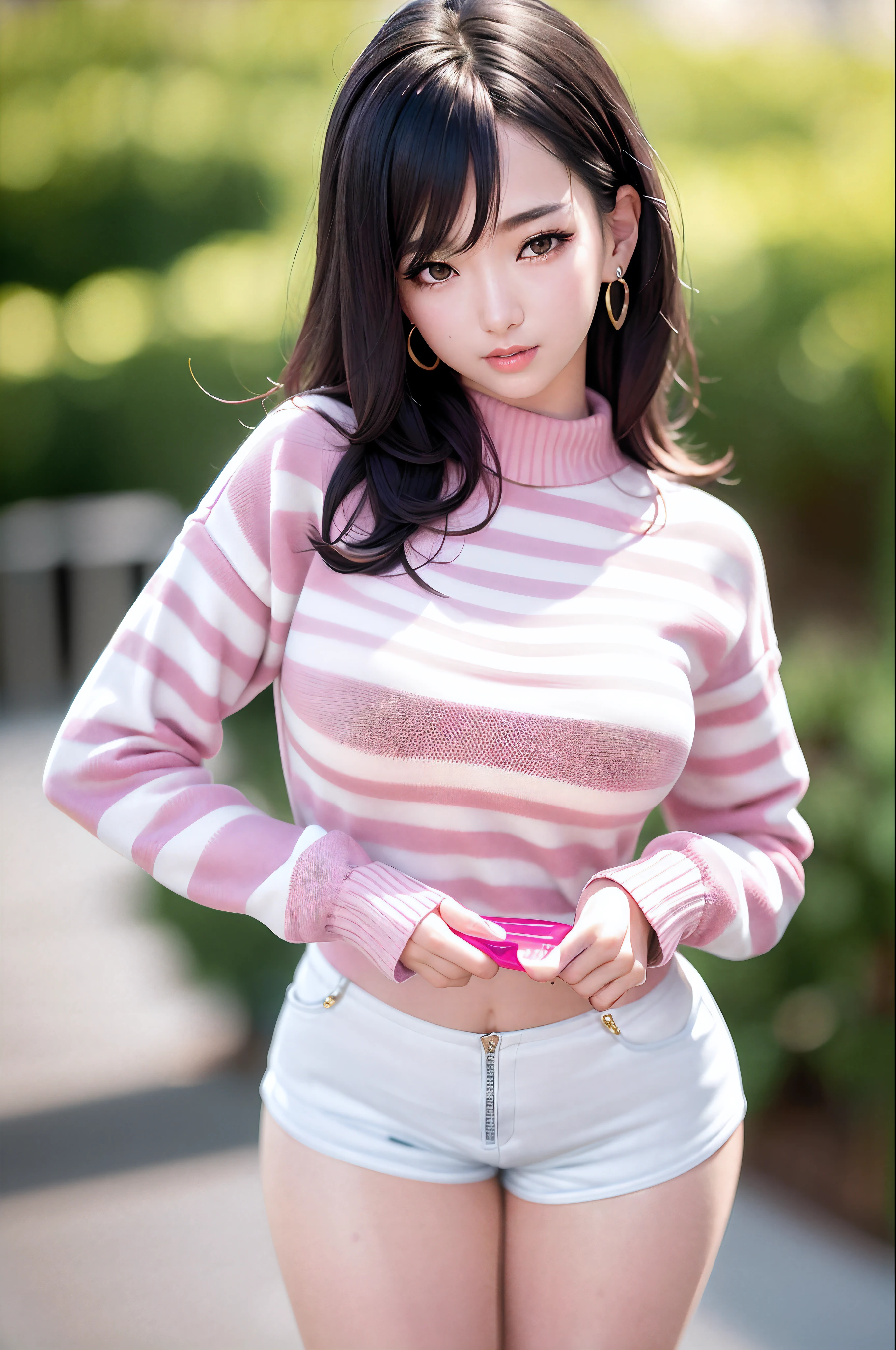 (Best quality details:1.2),realistic,8K UHD,High definition,(1girl:1.2),Ultra Detailed,High quality texture,intricate details,detailed texture,finely detailed,high detail,extremely detailed cg,High quality shadow,Detailed beautiful delicate face,Detailed beautiful delicate eyes,Depth of field,Ray tracing,20's,(a beautiful 25 age years old sexy korean woman:1.1),(Pretty Kpop girl,korean mixed),large breast, tall_female, beautiful_legs, Glow Eyes,blush, glossy lips, perfect body,skinny, (long sleeves sweater, pink, white, horizontal striped :1.3), (white short shorts:1.4) , (black hair, bob:1.1), street, sunlight, standing, lens flare, earrings, model, looking at viewer, (happy smile:1.1), makeup, cowboy shot, from front,