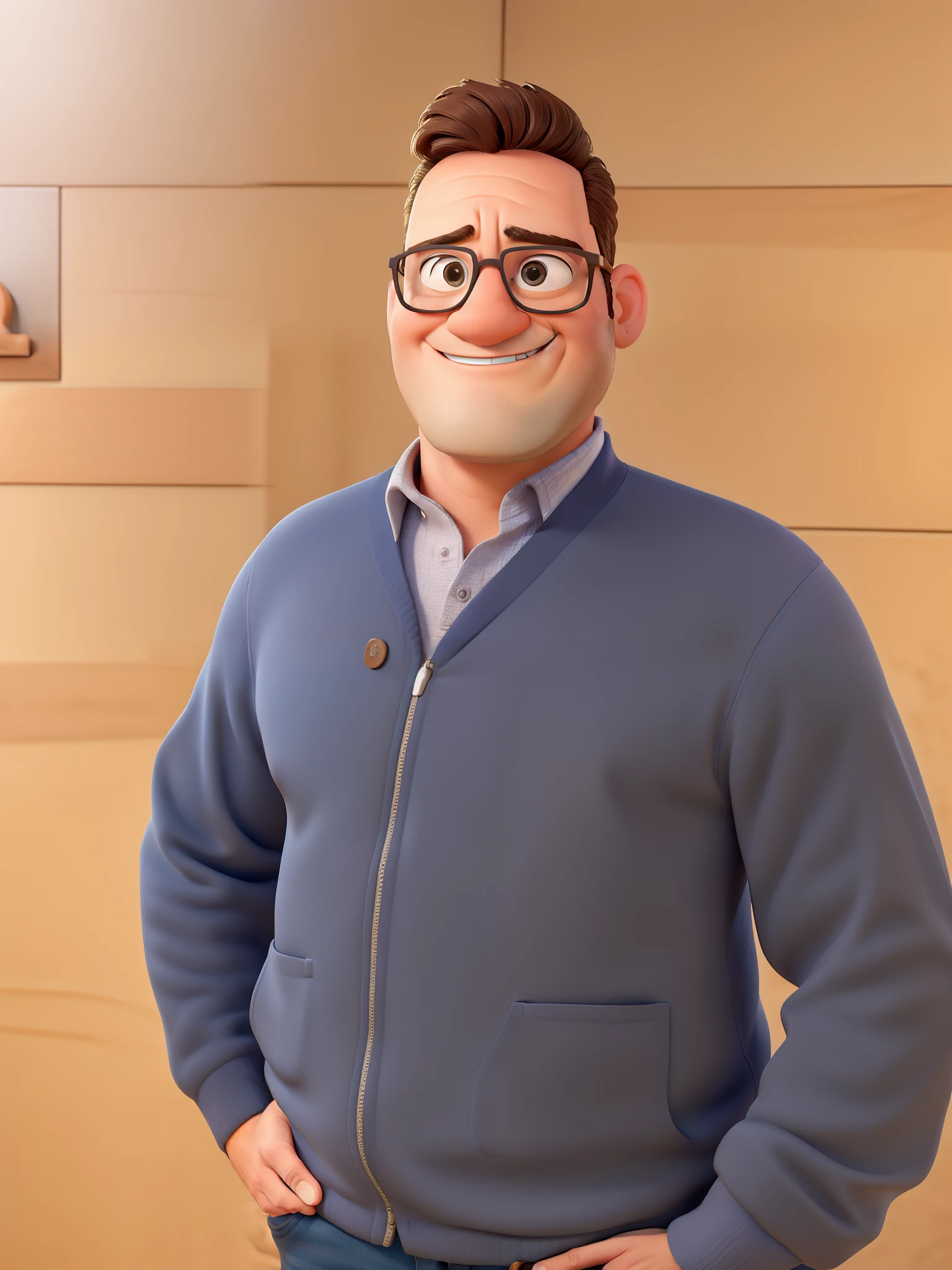 Poster no estilo Disney pixar, alta qualidade, melhor qualidade, homem sexy branco, 30 anos cabelo castanho, sem barba, who wears glasses , musculoso, com fundo em um palco