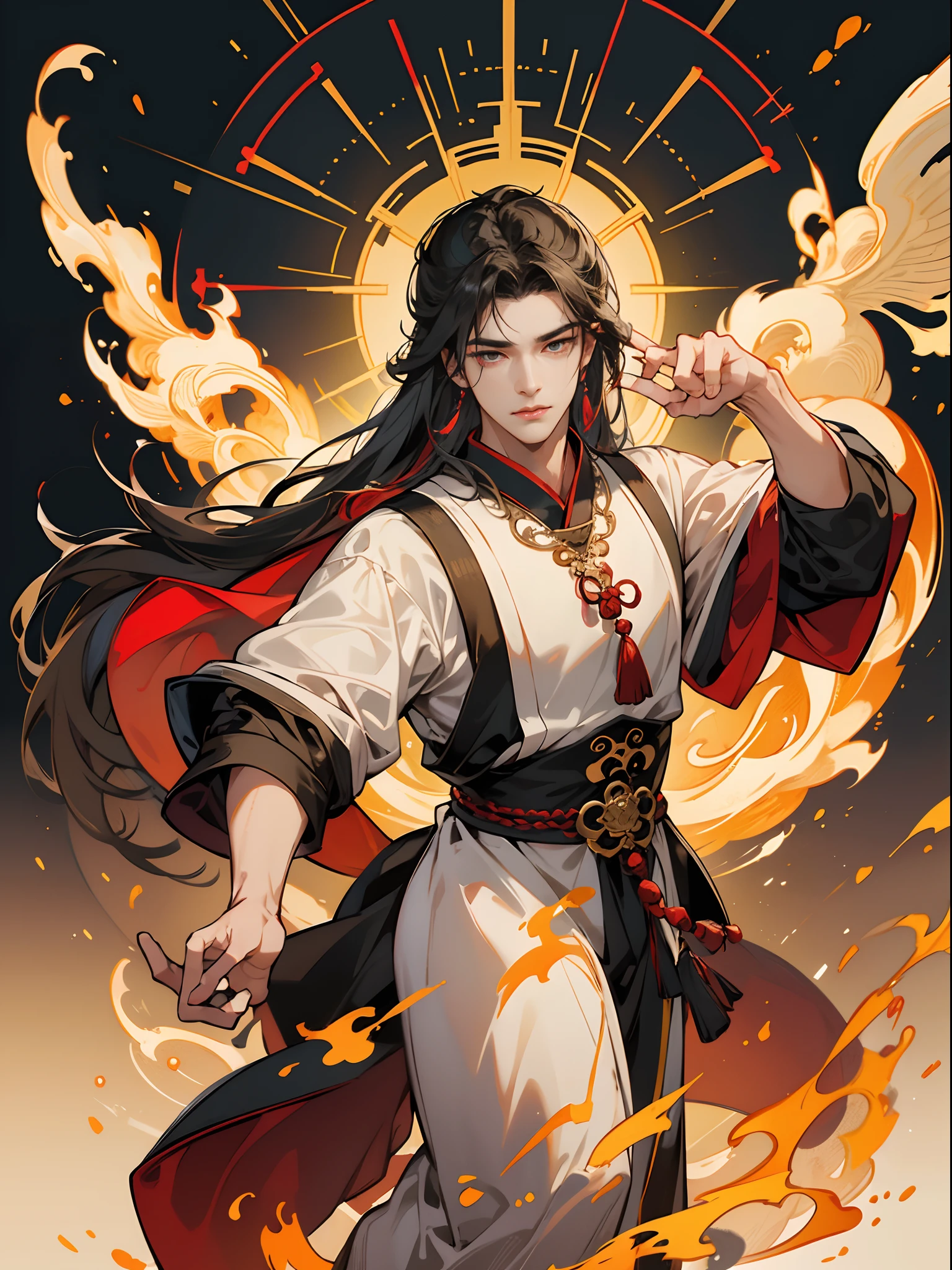 a drawing，A man in a robe and hat stands on the clouds, Full body like，bodhisattva, Guanyin, guanyin of the southern seas, The contented male bodhisattva, Ancient Chinese Male God, inspired by Zhang Zeduan, Inspired by Seki Dosheng, inspired by Qian Du, Inspired by Qiu Ying，Quasi-Taoist，A robust man，Burly body，（Desert scene），（Very delicate face），1人, mtu, Chinese pattern, Ancient Chinese literati, Black eyes, Handsome, mascular, Tall, Black gold mixed decoration，Dragon and phoenix pattern，The proportions are correct，（Very detailed faces），ancient Chinese style mythology，Northwest ethnic minority costumes，Neck details，There is an Adam's apple，clothes details，Handing over，（Game quality），Light and shadow tracking，offcial art，统一 8k 壁纸，ultra - detailed，Beauty and aesthetics，tmasterpiece，best qualtiy，Realistis，Epic scenes，A high resolution，（tmasterpiece），（best qualtiy），([Heavy armor:Red cape]:0.4),detailed glow，cg render，hair detail，（Handsome），Intricate clothing patterns，Perfectcomposition，Refinement，（high qulity），higher details，Lots of details，The background is complex，Tiangong atmosphere