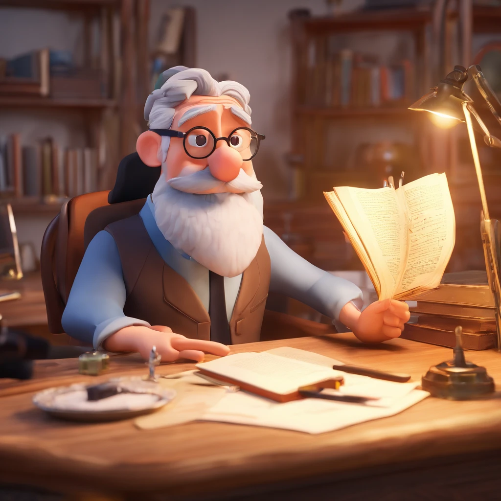 Crie um cartaz inspirado na Disney Pixar com o personagem sendo o pastor Rubens Janier, A gray-haired man with a short beard wearing glasses, in an office with a Bible on the table