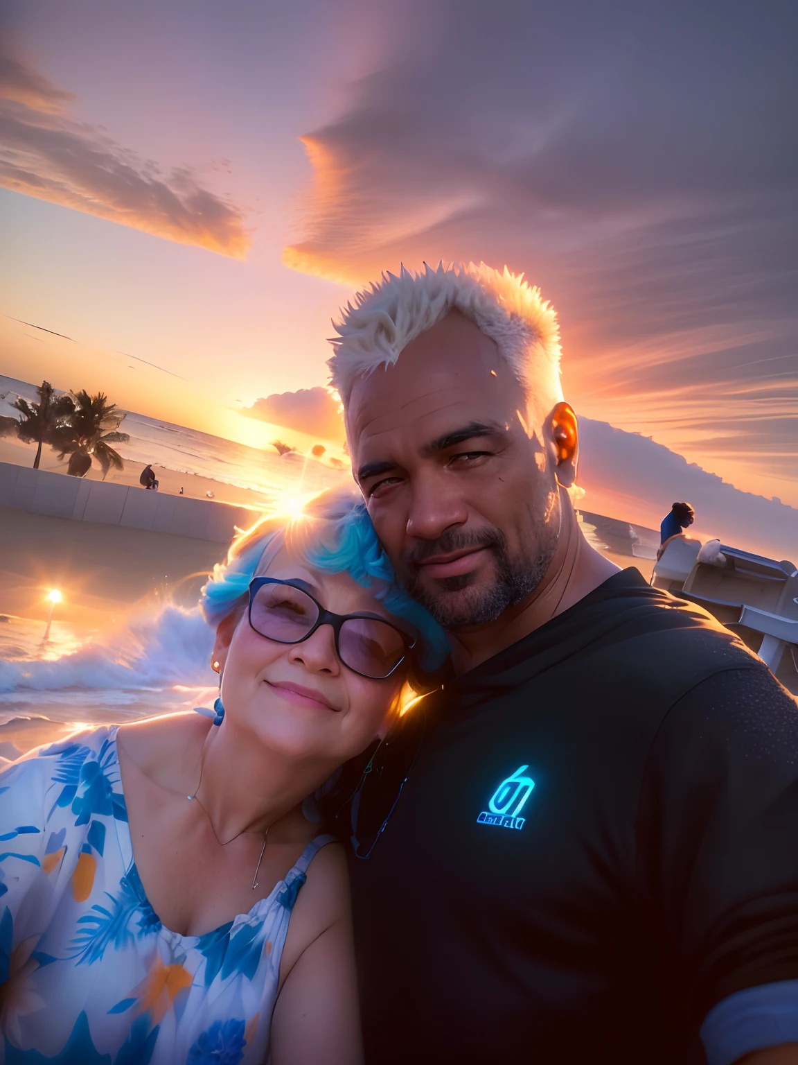 They are posing for a photo on the beach with the sea in the background, O oceano ao fundo, oceano ao fundo, Artgerma e Greg Rutkowski, momma and papa, Directed by: Nandor Soldier, com montanhas ao fundo, david rios ferreira, imagem de perfil, standing near the beach, vacation photo, Foto selfie 8k