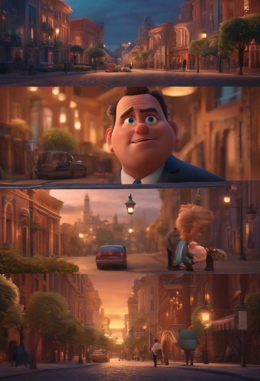 A city councilman looking at a dream project inspired by Pixar animation, de perto. The character takes center stage with captivating facial expressions, oferecendo um toque de irrealidade