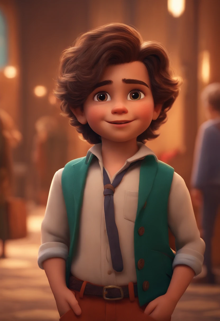 Image of a boy for a story in a YouTube video in Pixar format, he's Joaquim, He's the class leader, He's outgoing, Playful and gets up for a lot of things, cabelo curto