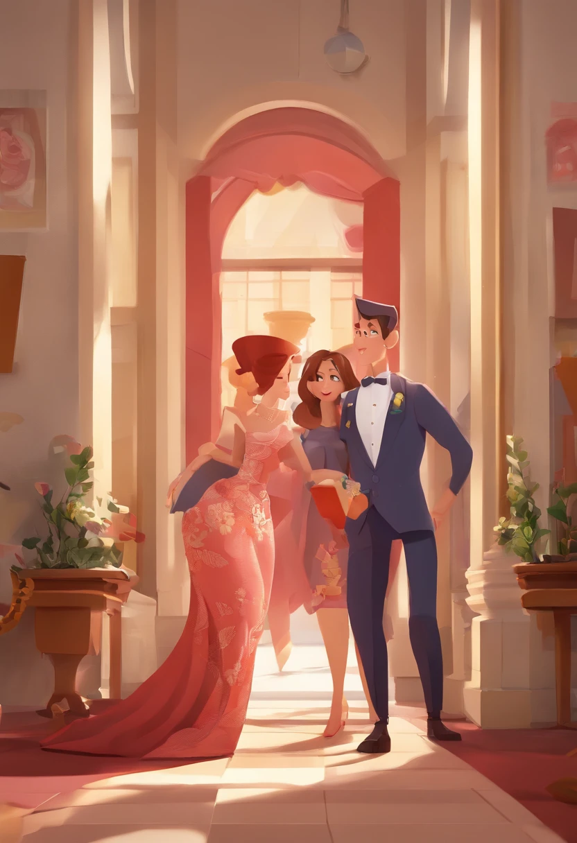 An illustration of an adorable couple, destacando um homem e uma mulher com bonito, Expressive eyes – the man's skin is white and the man's hair is brown and , While the woman's skin is white, the woman's hair is straight and blonde.they're standing, the man in the suit and grey and the woman in the long red dress are a bright room, cada um com um sorriso no rosto, e compartilhar um momento especial caracterizado pelo amor, arroz, e insights educacionais. Illustrate this scene from a perspective where they are facing away from the camera, Showing Your Connection. Desenvolva esta arte em Full HD, Focus on your cinematic touch, Estilo Disney Pixar Animations
