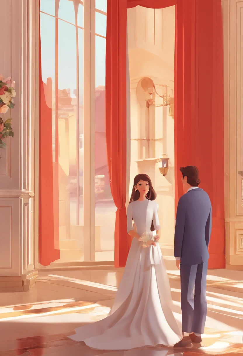 An illustration of an adorable couple, destacando um homem e uma mulher com bonito, Expressive eyes – the man's skin is white and the man's hair is brown and , While the woman's skin is white, the woman's hair is straight and blonde.they're standing, the man in the suit and grey and the woman in the long red dress are a bright room, cada um com um sorriso no rosto, e compartilhar um momento especial caracterizado pelo amor, arroz, e insights educacionais. Illustrate this scene from a perspective where they are facing away from the camera, Showing Your Connection. Desenvolva esta arte em Full HD, Focus on your cinematic touch, Estilo Disney Pixar Animations