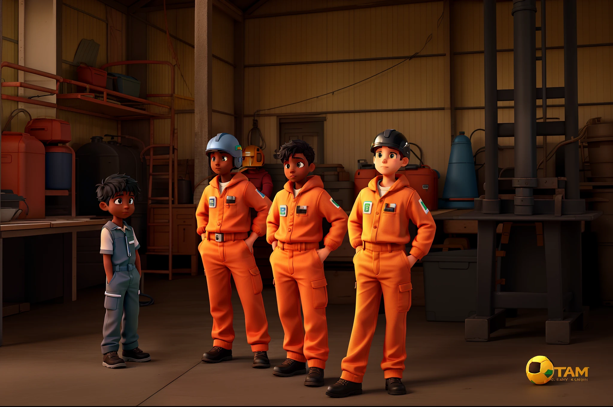 A team of four boys in the shed of a company, The first boy is black and wears dark clothes and light-colored pants, The second boy is black and wears a white jumpsuit and helmet, The third boy is black and a little shorter than the others, He wears overalls and a blue helmet, The last boy is white and taller than the others and he wears a green jumpsuit and helmet, the image is like the illustration in the Disney Pixar movies