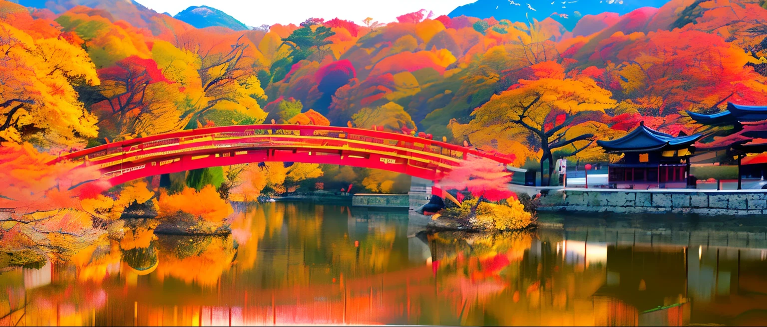 (The ultra -The high-definition、Best Quality、masutepiece、Photo Quality、Real Stick、8K、​masterpiece:1.3)Beautiful scenery of Japan captured from a very wide perspective、ropeway、Very beautiful autumn leaves、In good weather、Evening glow