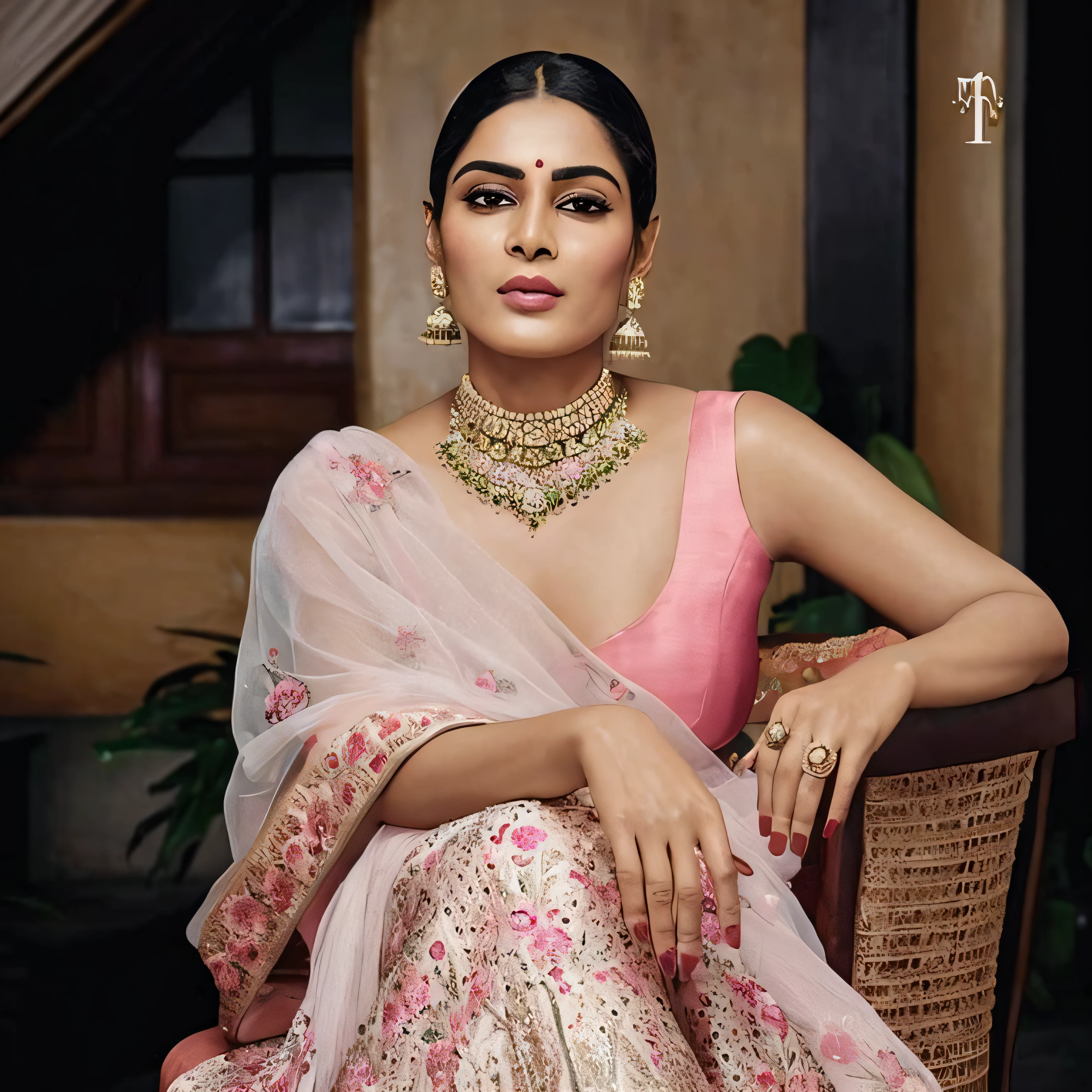 a woman in a pink and white sari sitting on a chair, traditional beauty, stunning elegant pose, indian super model, wearing elegant jewellery, posing elegantly over the camera, inspired by T. K. Padmini, ad image, doing an elegant pose, photo of a hand jewellery model, wearing pink floral gown, photo from vogue magazine, pretty face!!