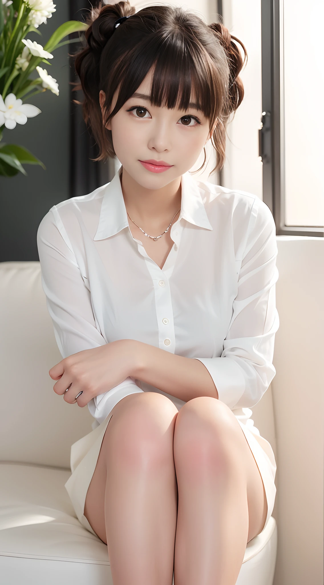 Very cute 23 year old young woman from Japan), ((Brown delicate hair)), ((Short-cut hair in a ponytail)), (((Clean hands))),(Curly hair),(((Very sweet smile))),(((I'm wearing a white business shirt))),(((Black tight skirt))), (((businesswoman))),(((sitting on))),((Looking ahead)), ((of the highest quality, 16 K, masutepiece: 1.3)), Light on Face, hyperdetailed face, very detailed lips, Detailed eyes, City Street