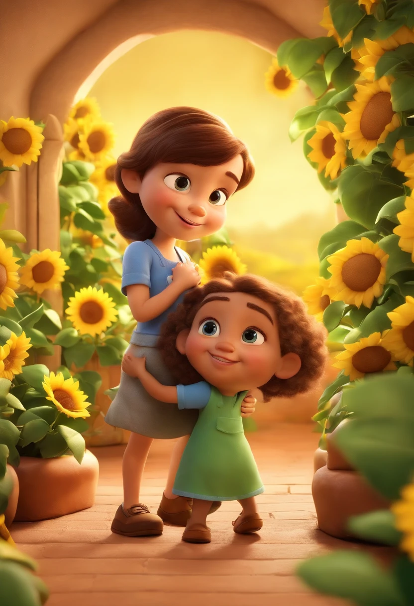 Create a Disney PIXAR-style 3D poster. ((centro da imagem, Triplets)), ((3 )) ((1 menino no meio e 2 meninas ao lado, They're hugging each other, O menino tem pele morena e cabelos pretos escuros e olhos pretos escuros, 1 menina tem pele clara, olhos e cabelos escuros e lisos, e a outra menina tem pele morena, olhos escuros e cabelos escuros e lisos)) ((tudo isso no estilo Disney PIXAR 3D, In the background, A house of sunflowers, Gloria Studio, The garden is full of nature 3D render RTX clay material, estilo de design cartunesco, POP Mart, soft lighting, linhas suaves, Spring tilt, Detailed illustrations of PIXAR 3D, Detalhes hiper-realistas, cor quente no estilo Disney PIXAR 3D))