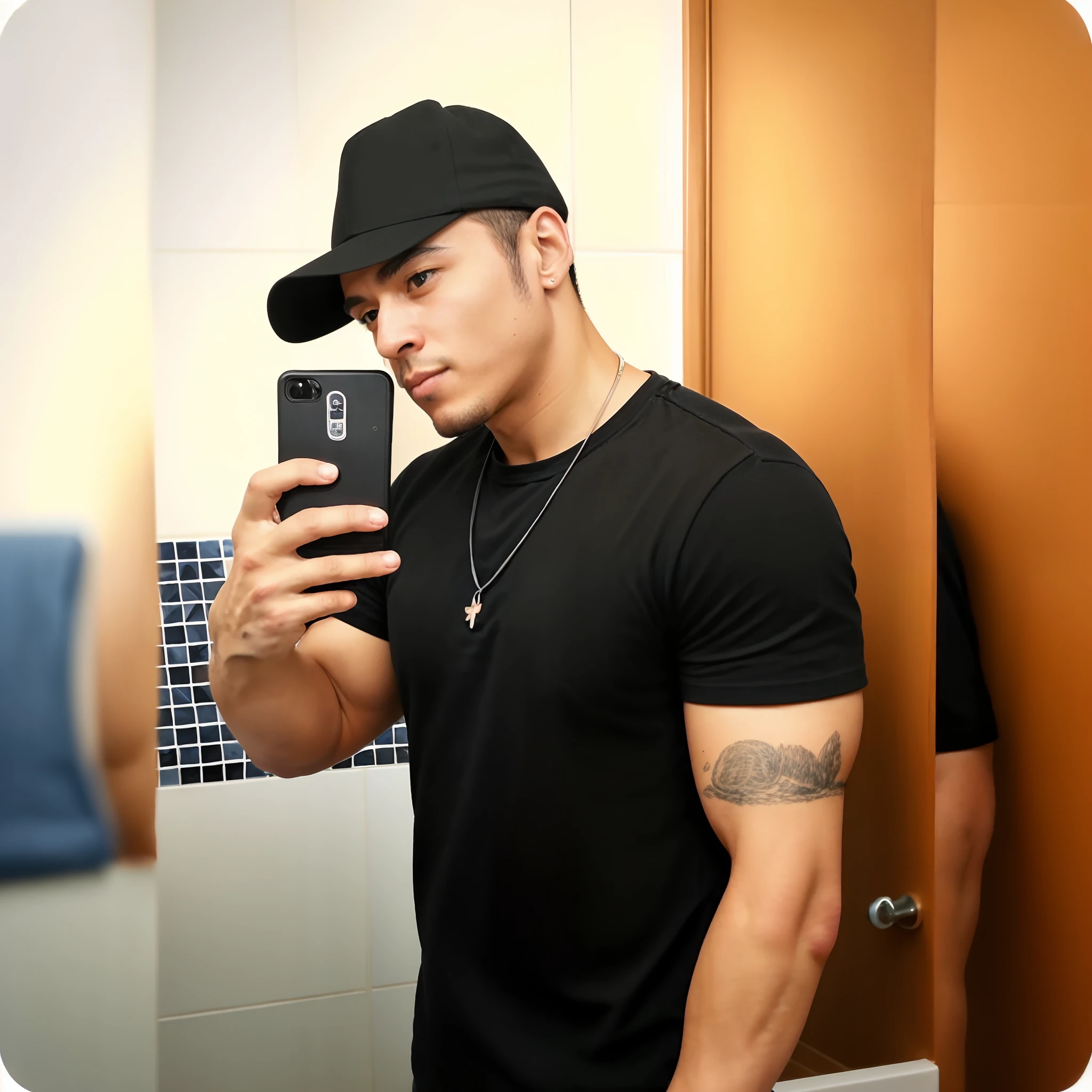 Personagem de desenho animado, there is a man taking a selfie in a bathroom mirror, imagem de perfil, Corpo de Ernest Khalimov, foto de perfil, andres rios, david rios ferreira, Ronaldo Nazario, Masterpice, musculoso, he is! cerca de 3 0 anos de idade, com barba e camisa preta, Fotografia tirada em 2 0 2 0, ele tem cerca de 40 anos