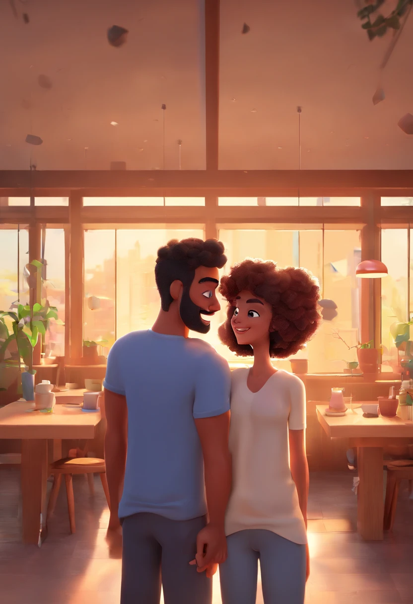 An illustration of an adorable couple, destacando um homem e uma mulher com bonito, Expressive eyes – the man's skin is black and the man's hair is bald and black, while the woman's skin is black and the woman's hair is curly and brown. They are a bright room, cada um com um sorriso no rosto, e compartilhar um momento especial caracterizado pelo amor, arroz, e insights educacionais. Illustrate this scene from a perspective where they are facing away from the camera, Showing Your Connection. Desenvolva esta arte em Full HD, Focus on your cinematic touch, Estilo Disney Pixar Animations
