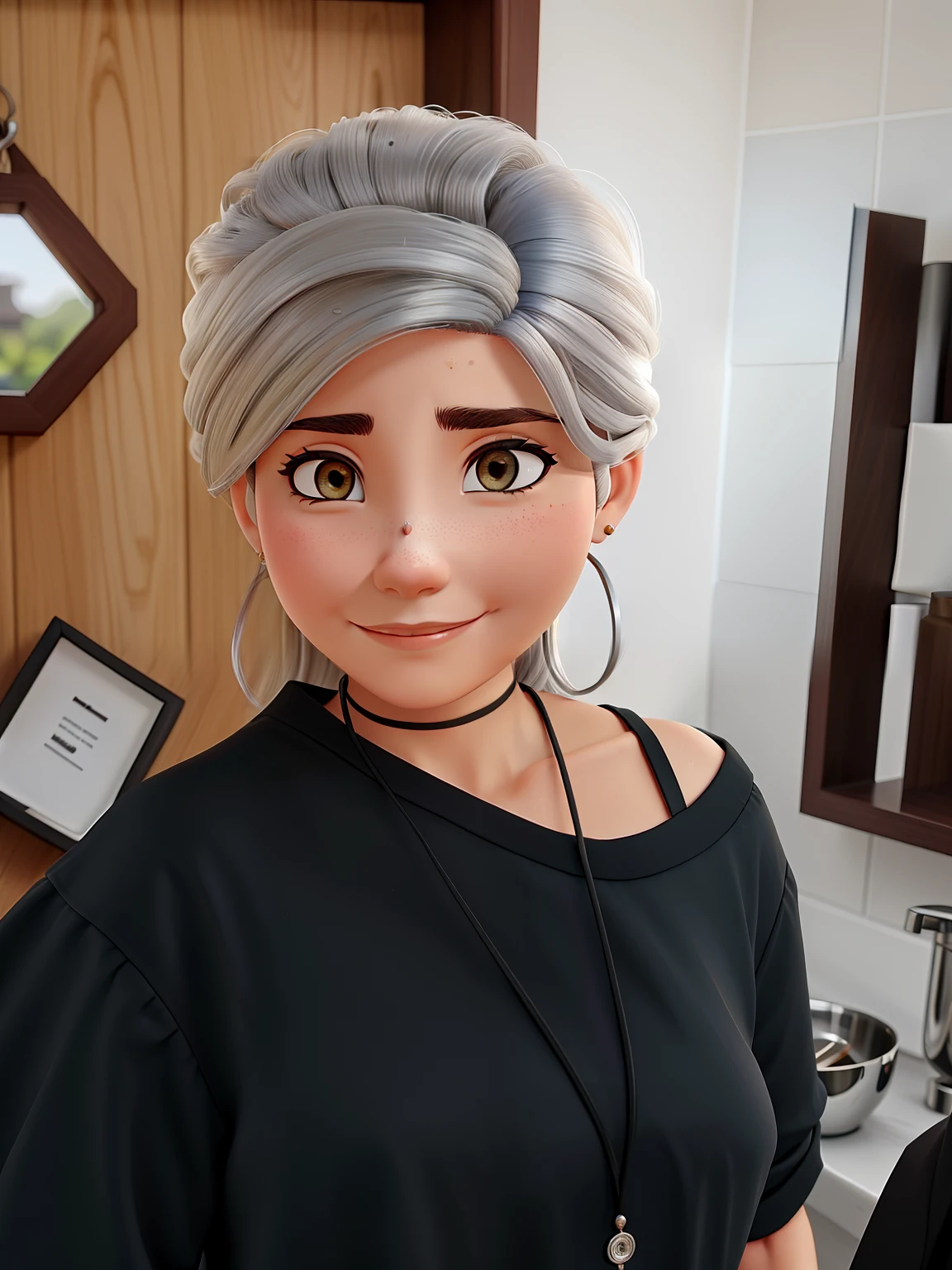 There's a woman with a black shirt and silver hair, com cabelos cacheados pretos e prateados, sal e pimenta cabelo, cabelos cacheados prateados, cabelos grisalhos curtos, ficando cinza, cabelos grisalhos, cabelos grisalhos, usando cabelos prateados, alguns cabelos grisalhos, cabelos grisalhos, cabelos grisalhos nublados, Directed by: Nandor Soldier, inspirado em Maria Helena Vieira da Silva