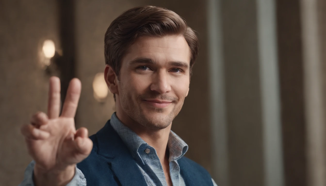 Homem, acima do peso, estilo disney, tom de pele: claro: Cabelo: castanho escuro, liso, curto, Hairstyle back. camisa: social, Cor azul. Fundo: Gray and white gradient,Comemorando, Hands raised, sorrindo, feliz, (estilo pixar) (obra-prima:1.2) (bokeh) (melhor qualidade) (pele detalhada) (textura detalhada) (8k) (claymation) (cinematic lighthing) (foco nítido