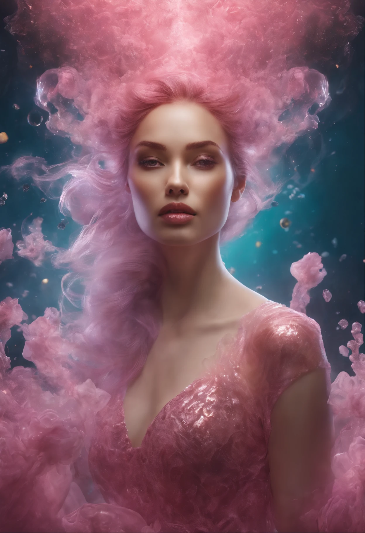 Model shooting style, (Extremely detailed Unity 8k CG wallpaper), A chaotic storm of intricate liquid smoke in the head, Stylized beauty full-length abstract portrait, wetted skin, Petros Afshar reports, ross tran, tom whalen, Peter Mohrbacher, Art germ, Broken glass, ((bubbly underwater scenery)) Highly detailed rendering of octane radiation light, woman, aries constellation，Pink skin