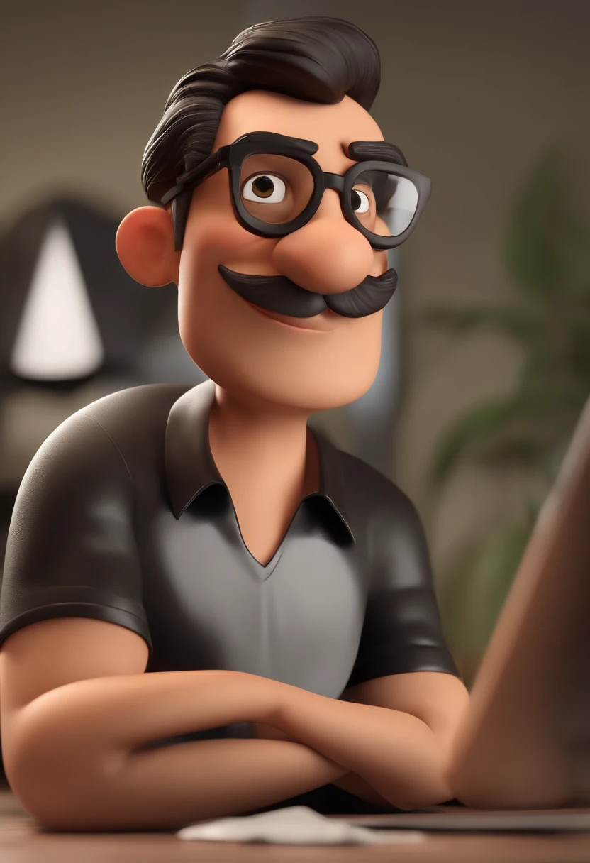 Cartoon character of a man wearing black glasses, com barba cavanhaque preta e uma camisa preta, phtograph ,um personagem animado, Caractere estilizado, animation style rendering, 3D estilizado, Arnold Maya render, 3 d render stylized, toon render keyshot, Personagem 3D, Personagem 3D, 3d rendering stylized, 3 d character render, personagem de desenho animado, Personagem de close up, Pose de personagem,  (Estilo Pixar) (master part:1.2) (Bokeh) (best quality) (pele detalhada) (textura detalhada) (8k) (argila) (Cinematic lighting) (foco nítido
