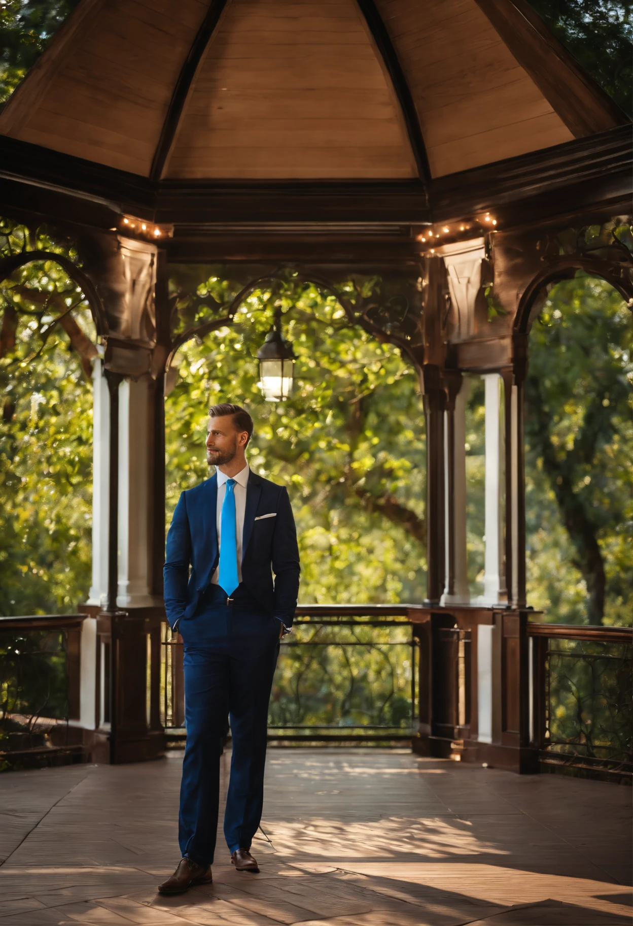 There's a man standing in front of a gazebo with a blue tie, imagem profissional, na frente do fundo branco, fazendo uma pose elegante, Jorge Pemba, amazing professional picture, imagem de perfil, Fundo de primeiro plano, suave em _ O pano de fundo, taken in the early 2020s, background is celestial, Foto profissional detalhada, homem bonito