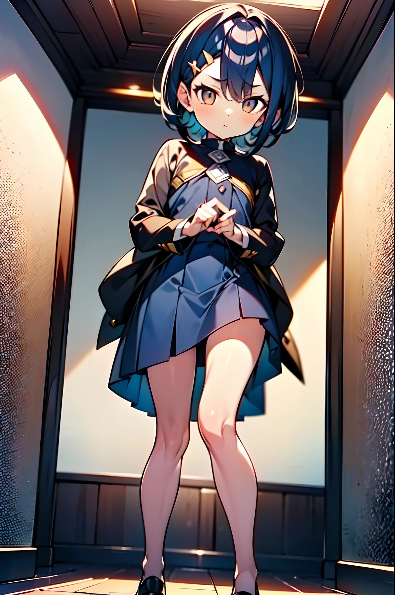 1girl, SHION, dark-blue hair, brown eyes, pixie cut, asymmetric bangs, small brests, Short height, gold hairclip,
